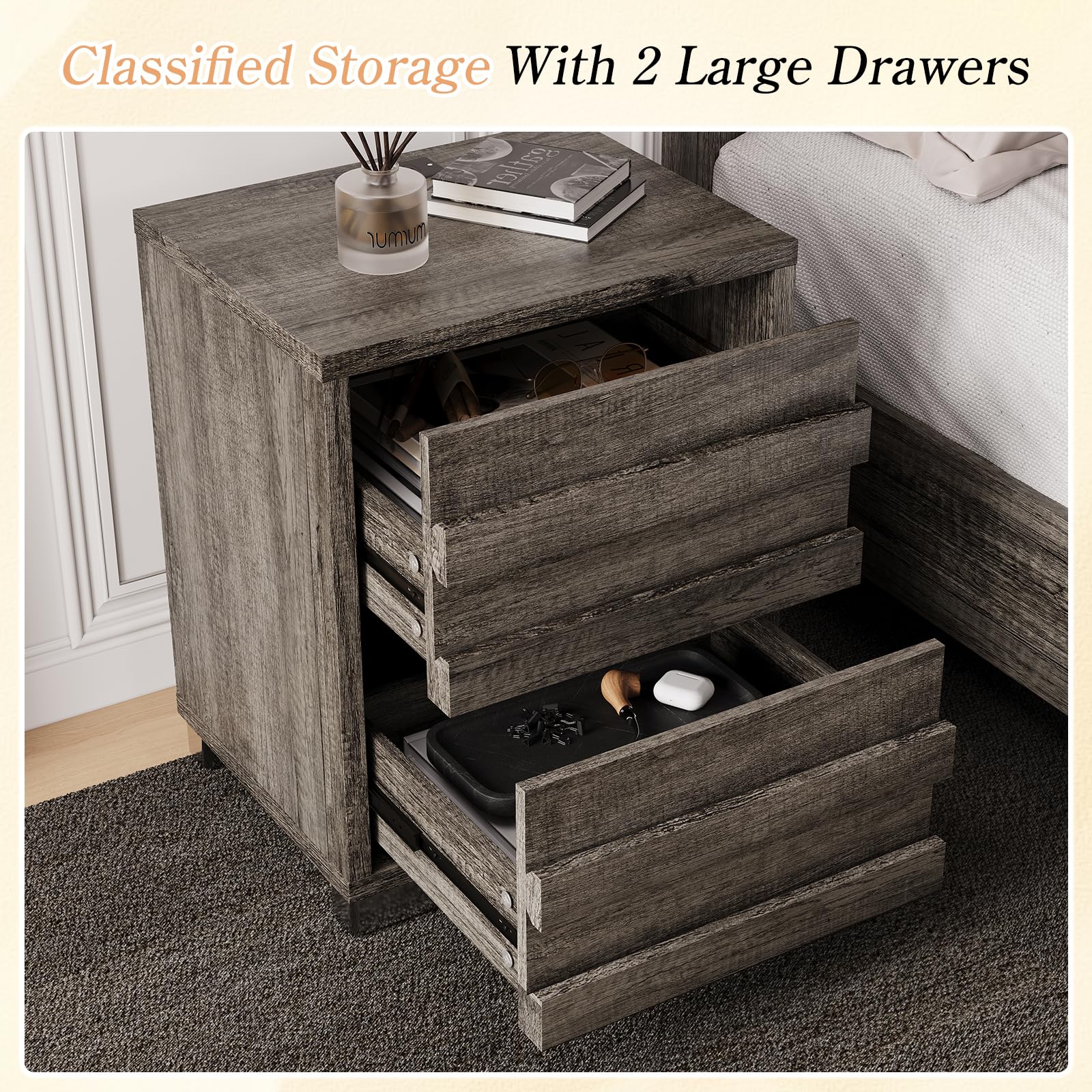 LUXOAK End Table Set of 2 with Charging Station, Farmhouse Side Table with Slated Handles, Nightstands with Stainless Steel Feet for Bedroom & Living Room, Rustic Grey