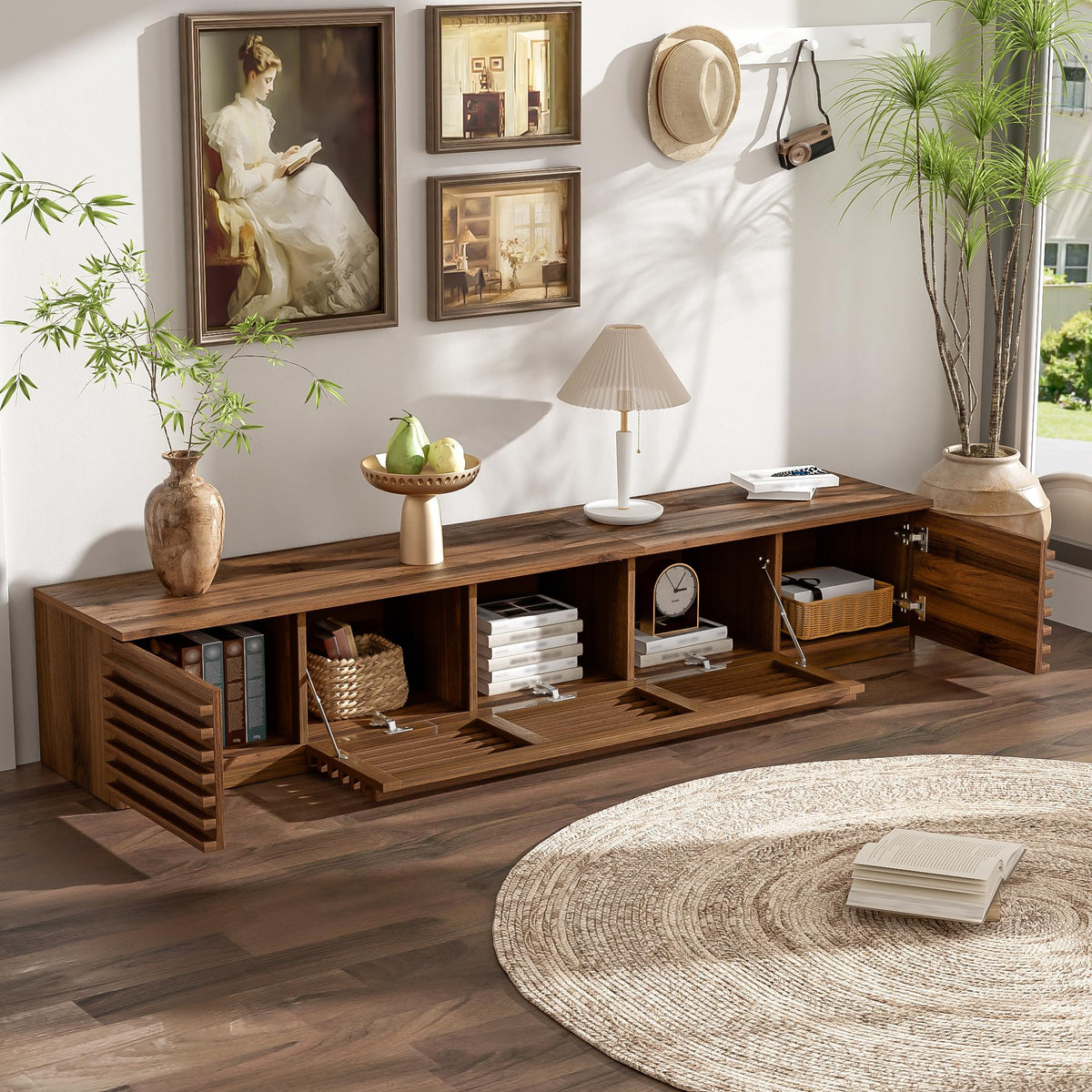 Marzzi 70" Walnut TV Stand with Slatted Doors for TVs Up to 80"