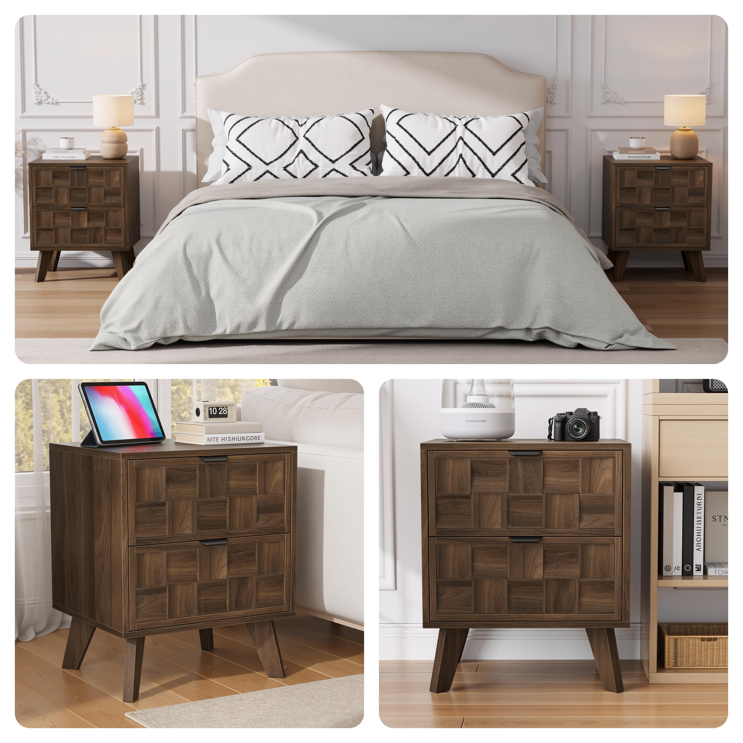 Walnut Nightstand with Embossed Checkerboard Drawers
