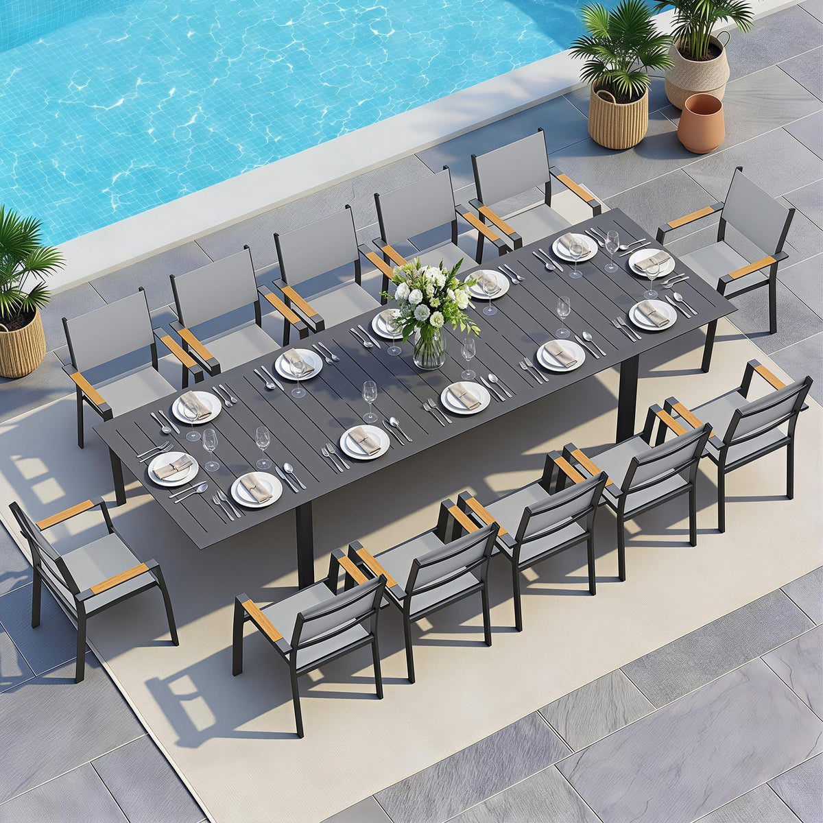 Wisteria Lane Aluminum Outdoor Patio Table and Chairs Set with 121" L-81 L Expandable Dining Table, 13-Pieces Outdoor Dining Set for 12, Patio Furniture Set with Stackable Quick Drying Chairs, Grey