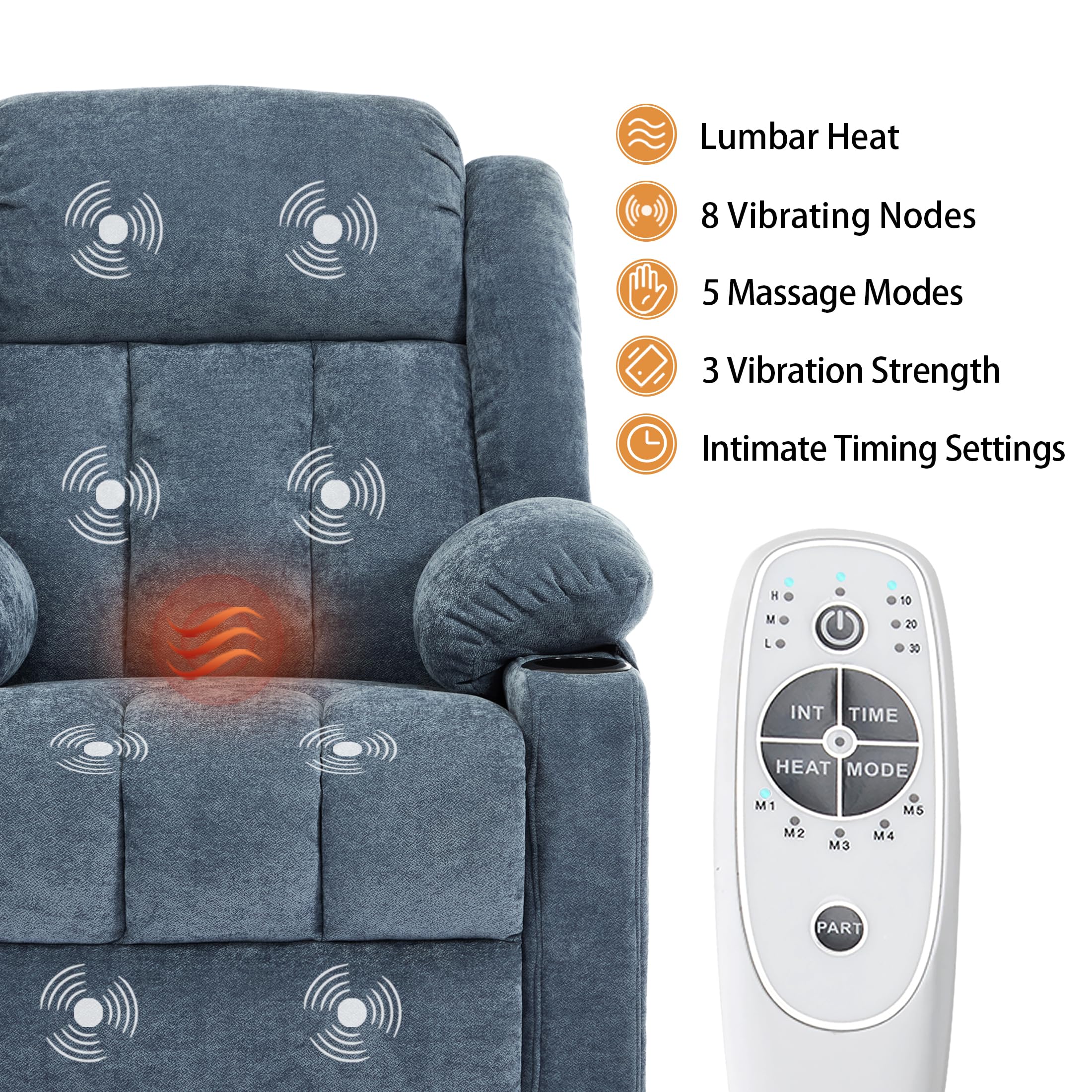 Power Lift Recliner Chair for Elderly with Massage and Heat, Recliner Chairs for Adults, Upgraded Fabric Reclining Sofa Chair with USB & Type-C Ports, L1288 (Blue)