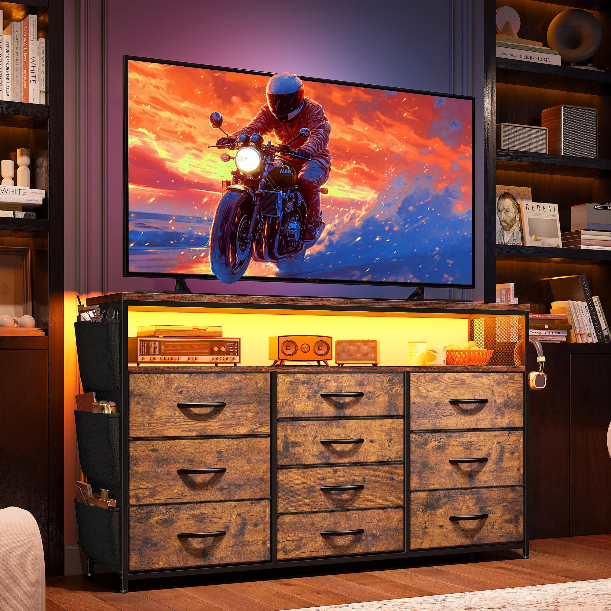EnHomee Dresser for Bedroom with 10 Drawers, 55" TV Stands with LED Lights & Power Outlets, Dressers with Shelves & Side Pockets, Hooks for Hallway,Rustic Brown