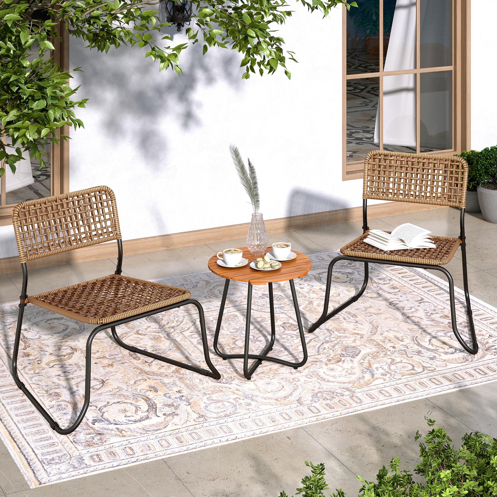 3-Piece Outdoor Bistro Set – Stackable Rattan Chairs & Acacia Wood Table