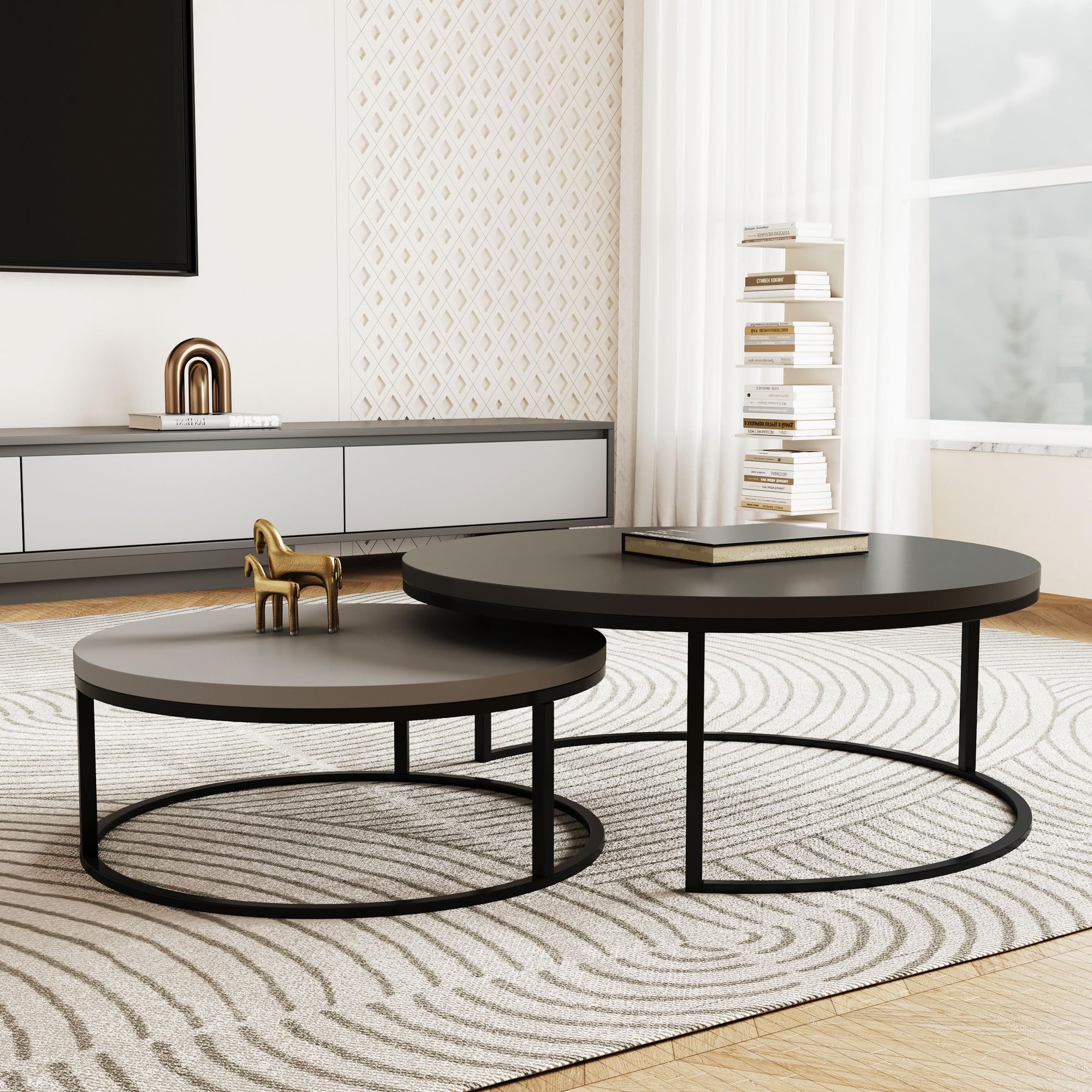 Round Nesting Coffee Table Set with Black Metal Legs