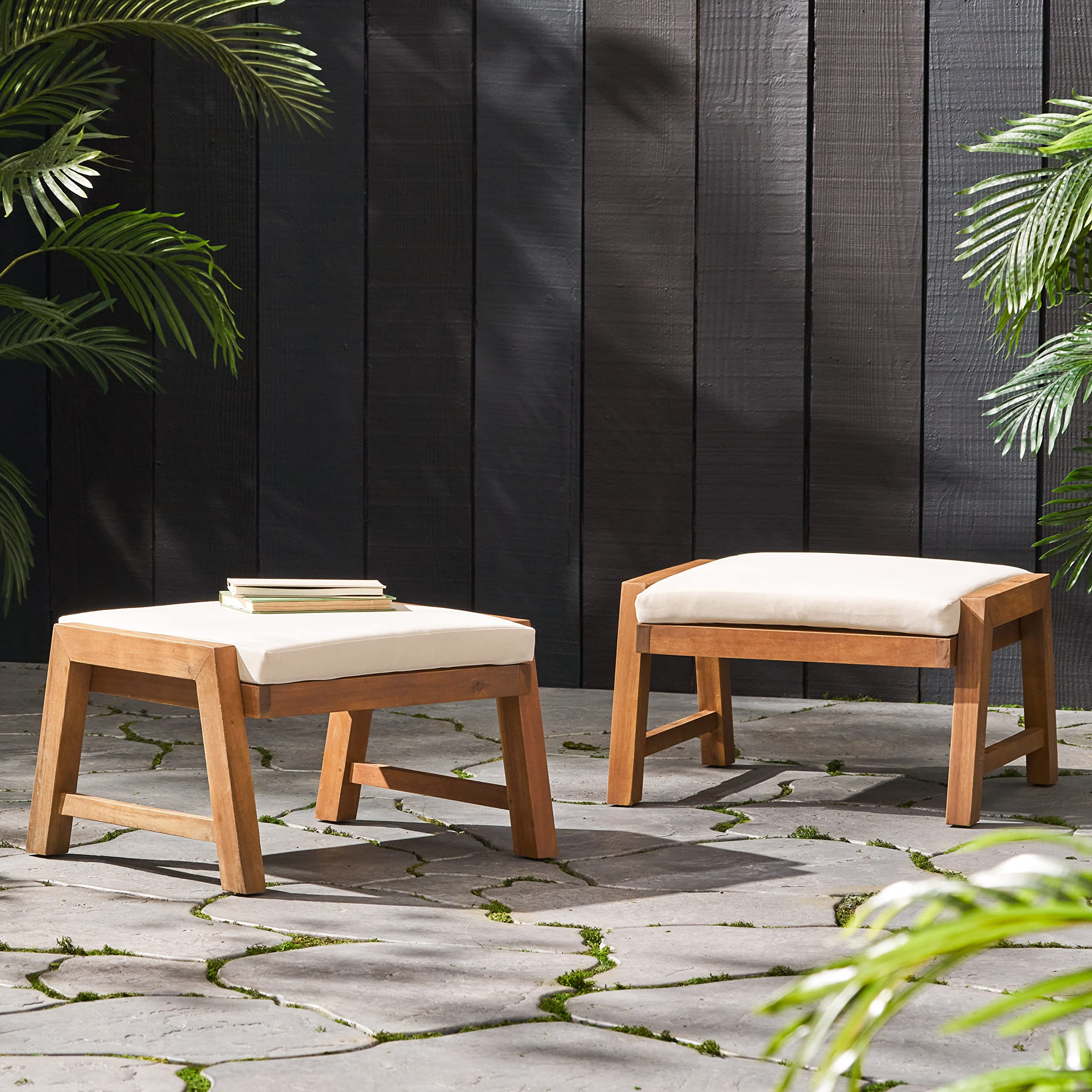 Outdoor Acacia Wood Ottoman Set with Cushions (Set of 2)