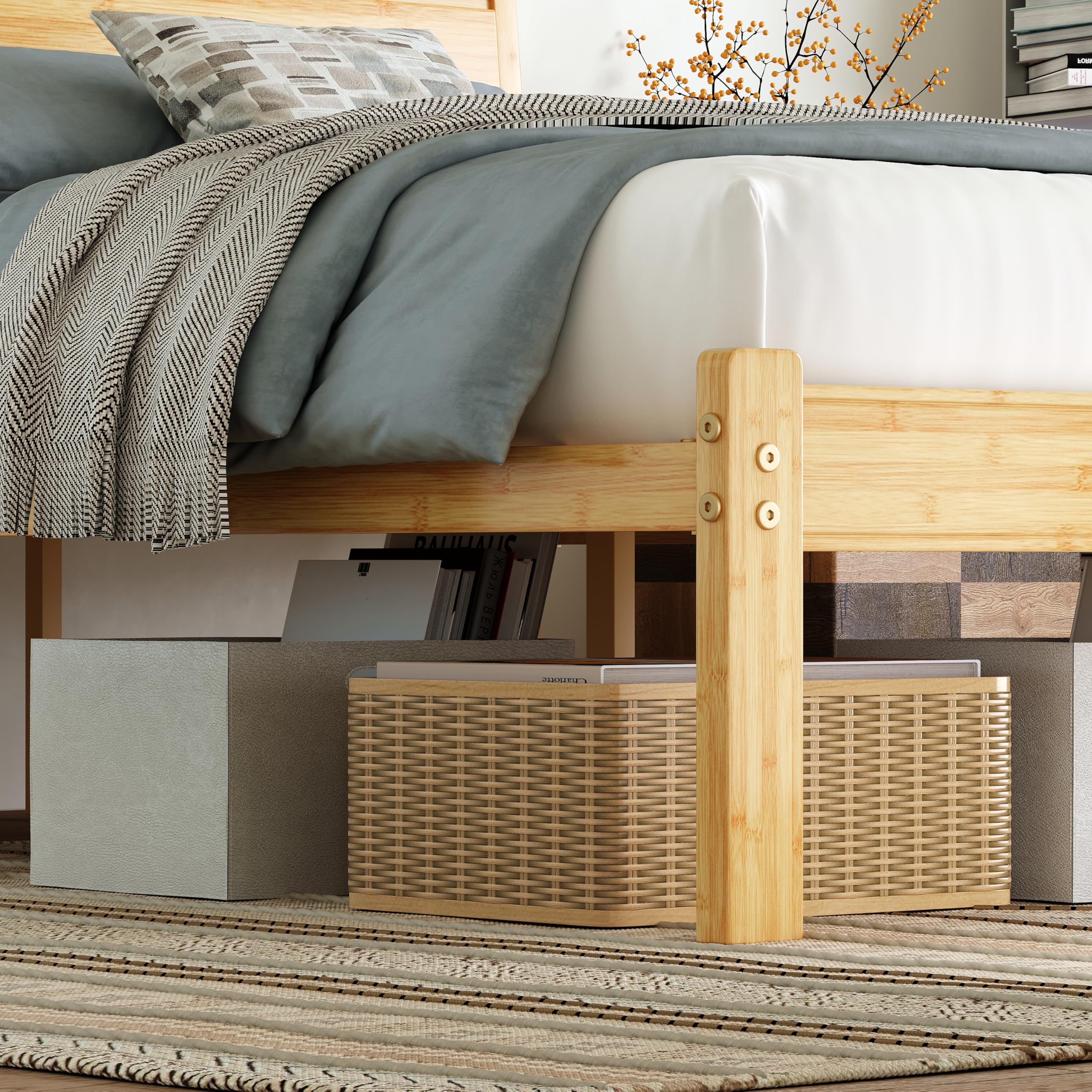 Bamboo & Iron Platform Bed Frame with Headboard | 14-Inch Clearance