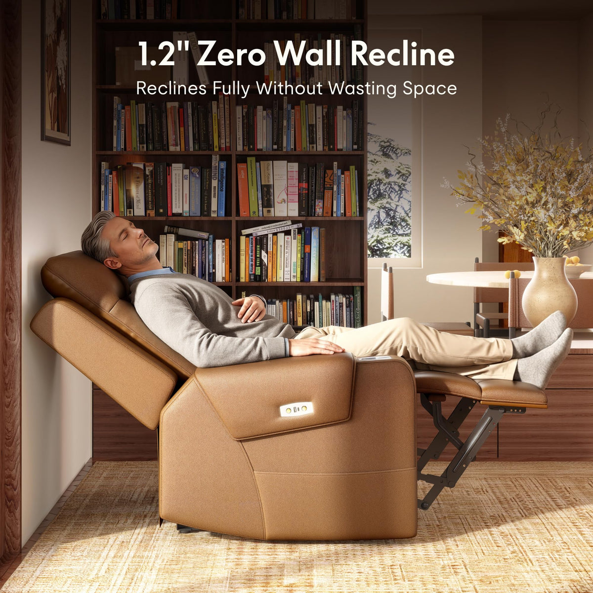 FLEXISPOT Truffle Top Grain Leather Power Wall Hugger Recliner, Light Brown