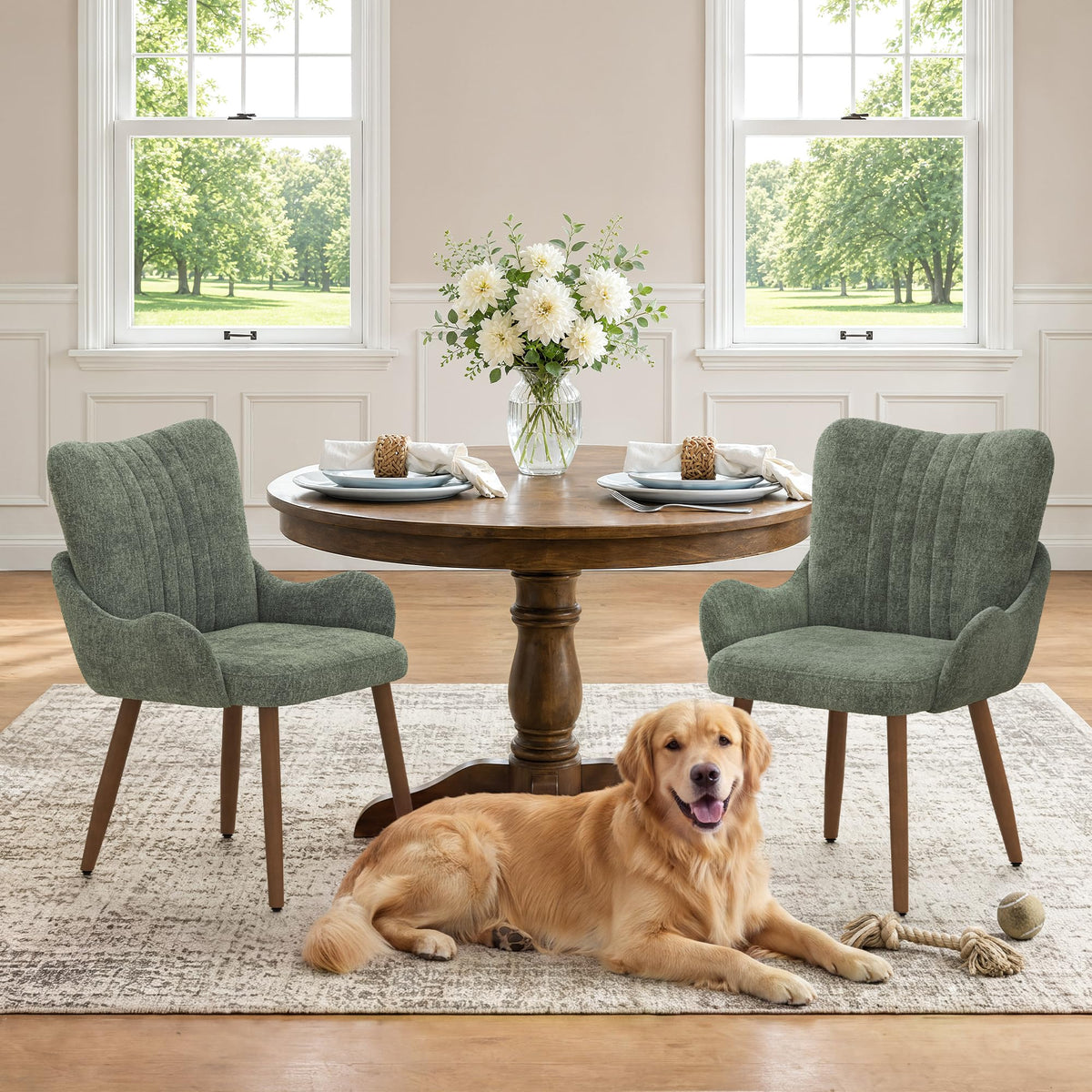 LUE BONA Wingback Upholstered Dining Chair with Arms, Green