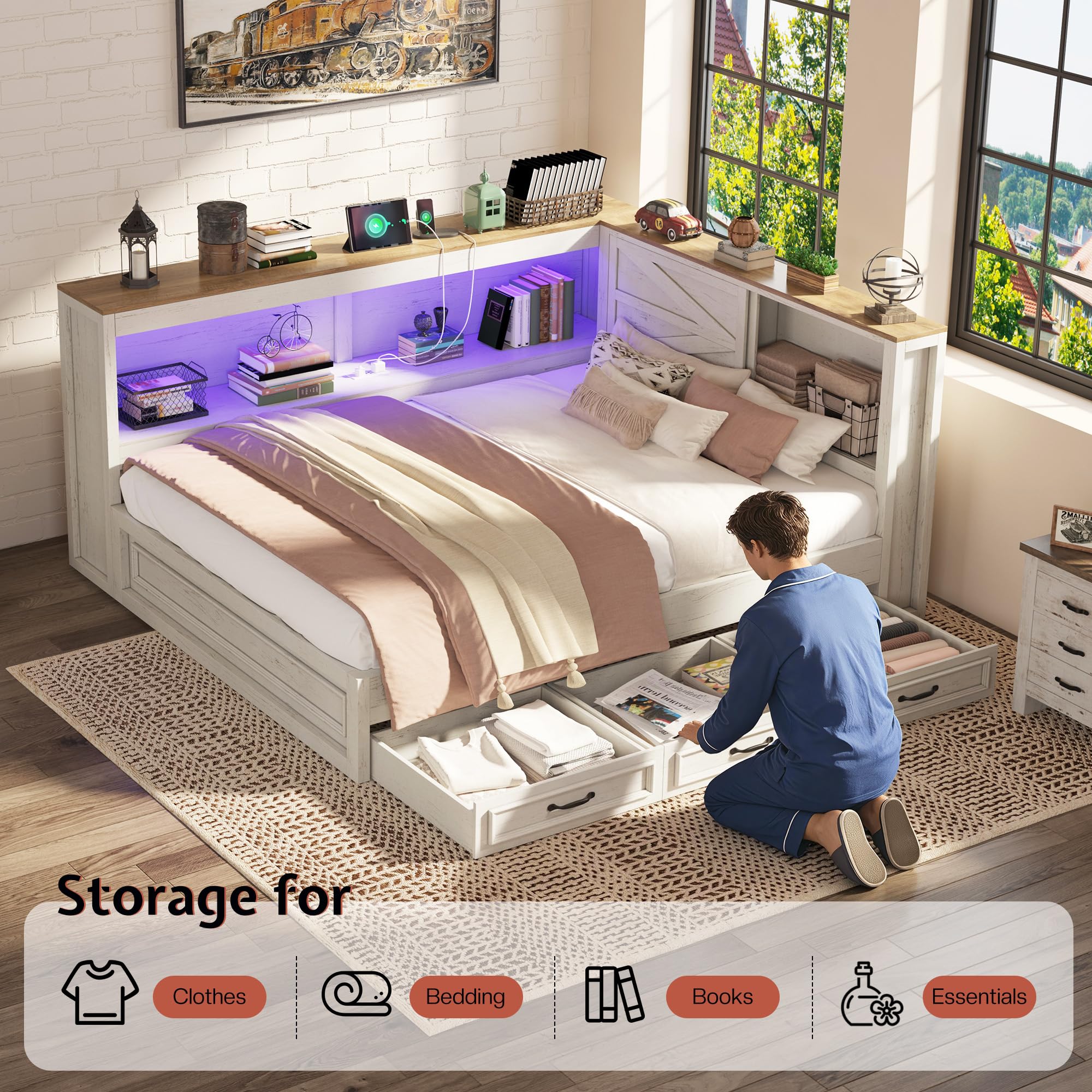 Jocisland Full Corner Bed Frame with Storage Drawers and Bookcase Headboard, Charging Station and Led Lights, Farmhouse Wood Daybed for Kids Teens, No Box Spring Needed, White
