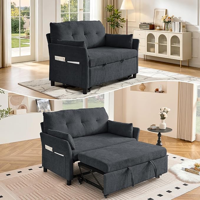 Green Linen Pull-Out Sleeper Loveseat