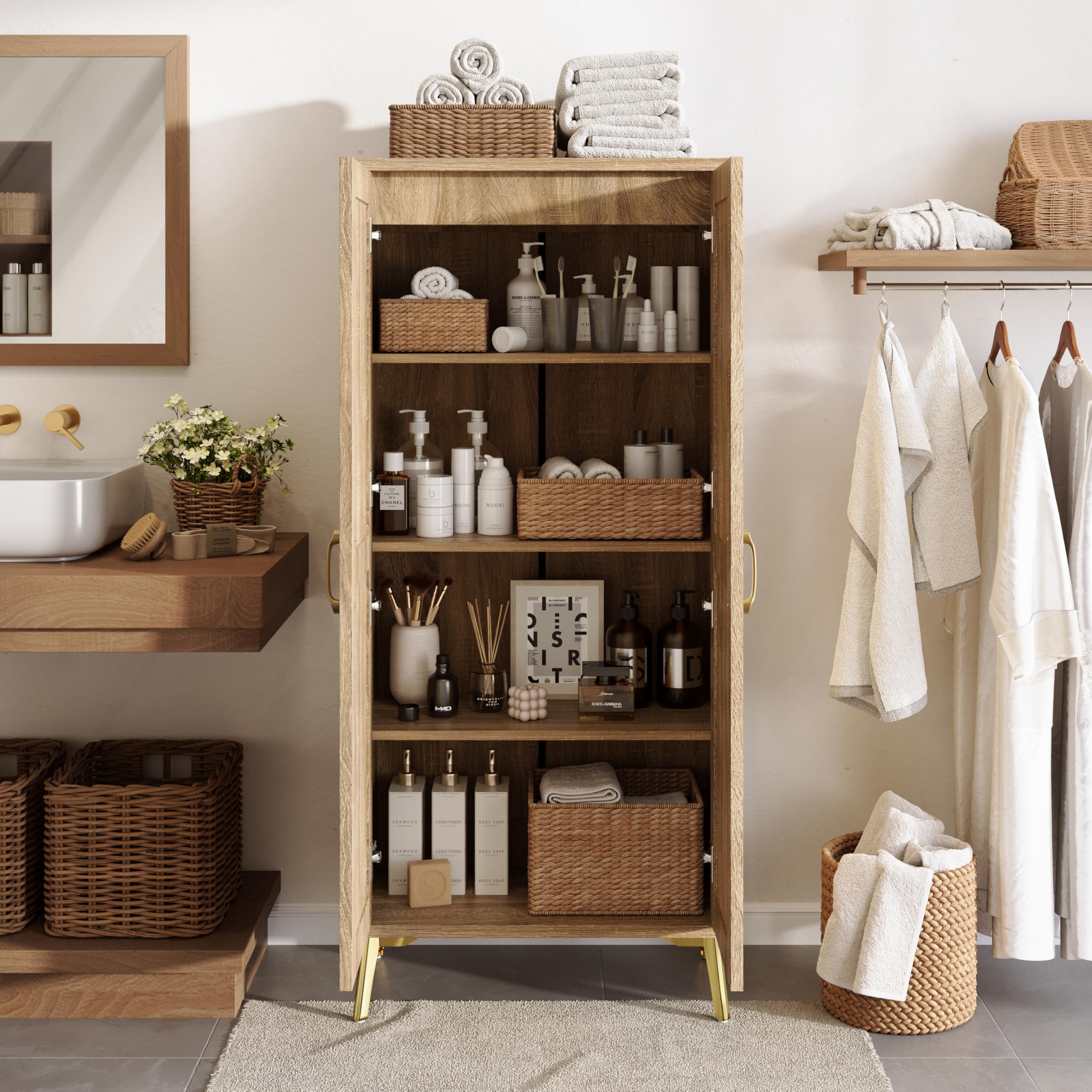 JASIWAY Tall Bathroom Storage Cabinet with Doors and Shelves, 57" Linen Floor Storage Cabinet for Laundry Entryway, Wood Freestanding Pantry with Metal Handle, Adjustable Shelves, Anti-Tipping Device