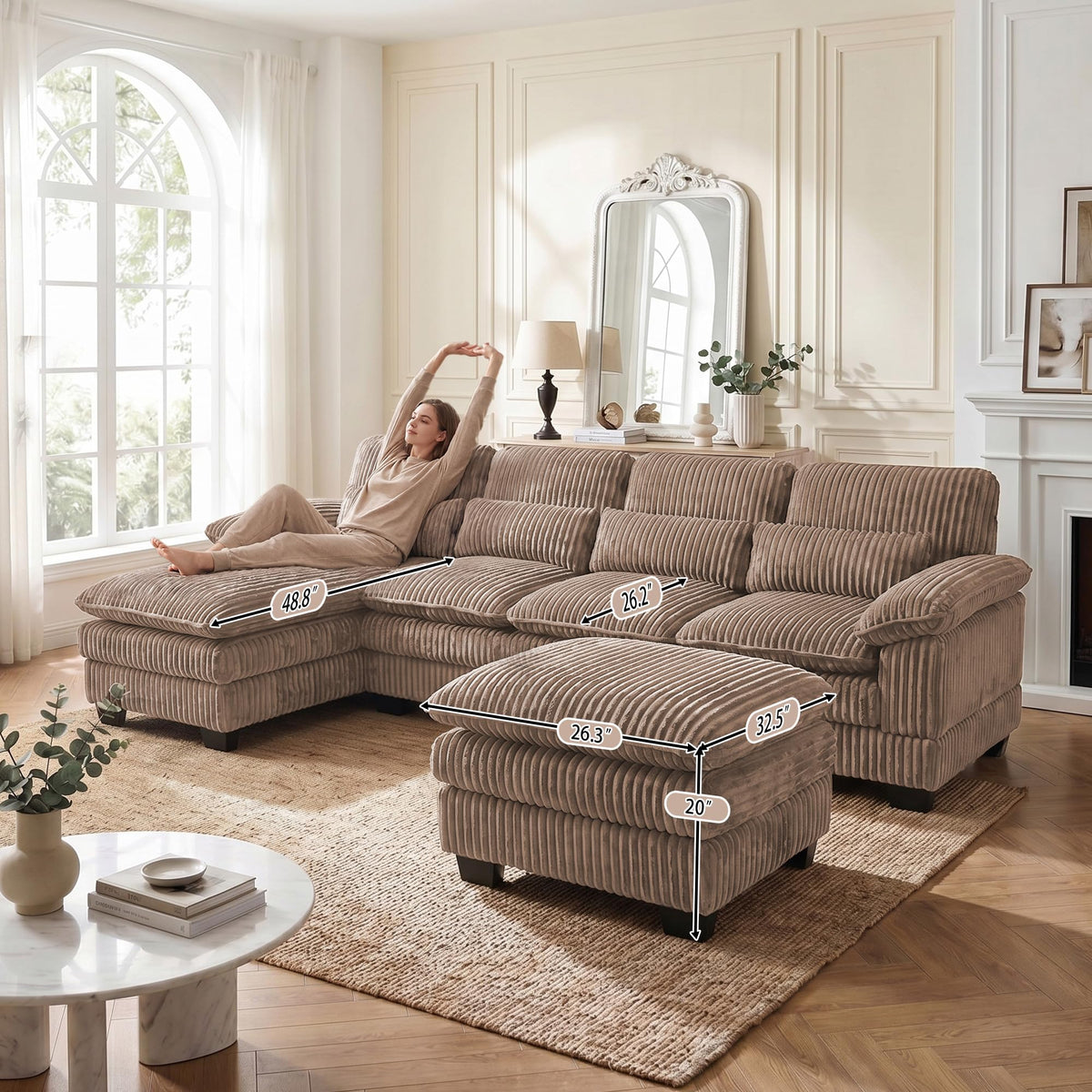 113" U Shaped Sectional Sofa Modular Couch with Ottoman, Corduroy Brown