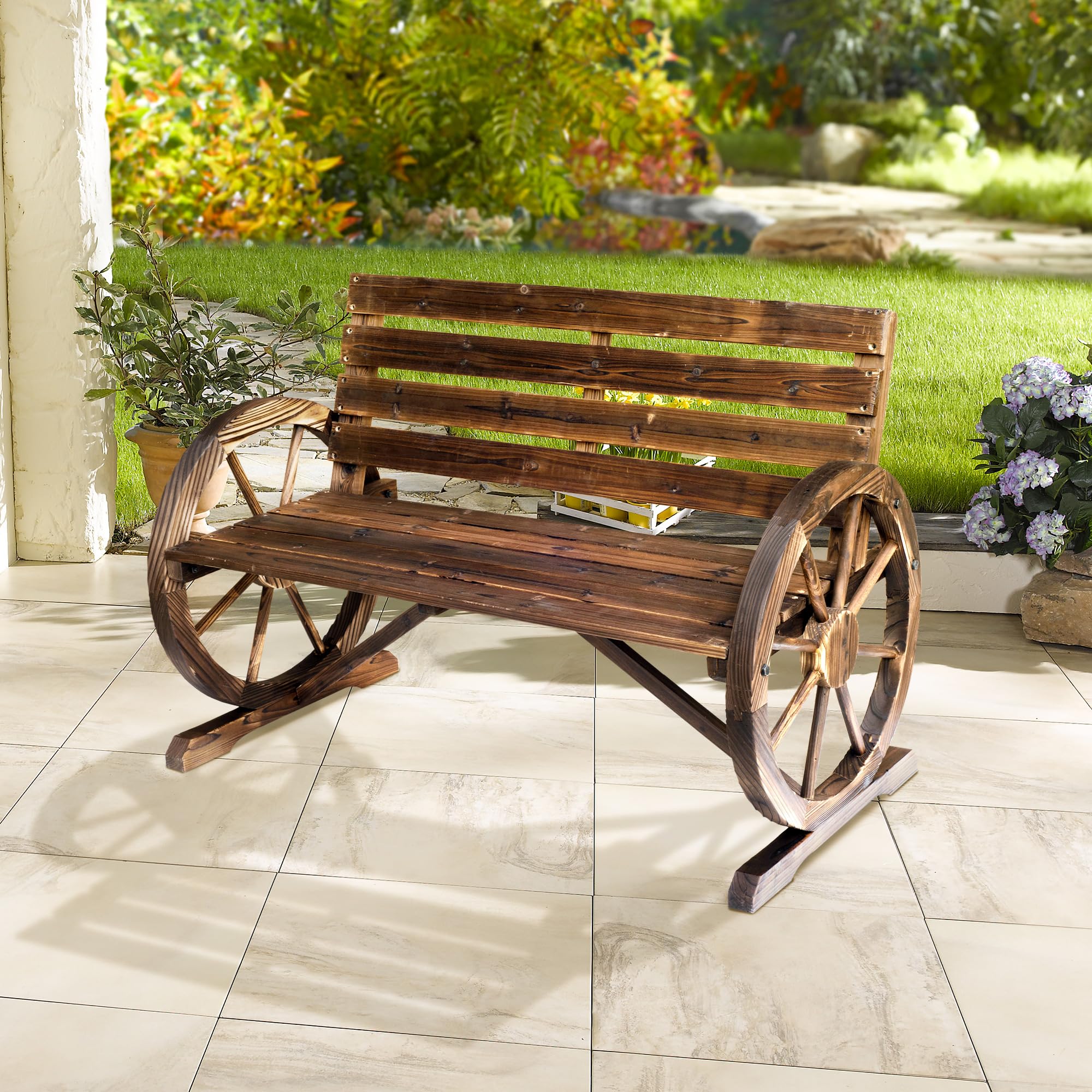 41-Inch Rustic Wagon Wheel Wood Outdoor Bench