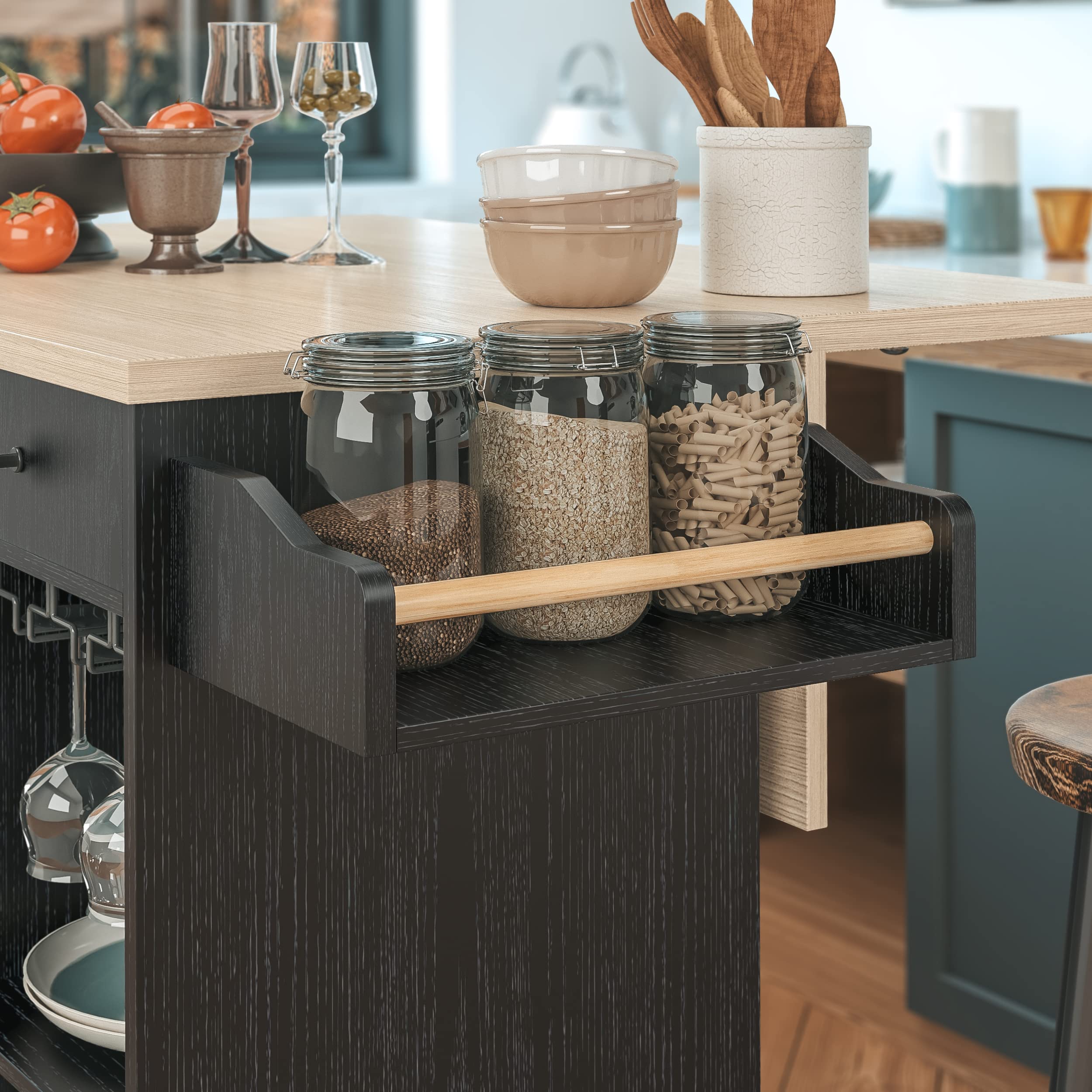 Kitchen Island Cart with Drop-Leaf & Wine Rack