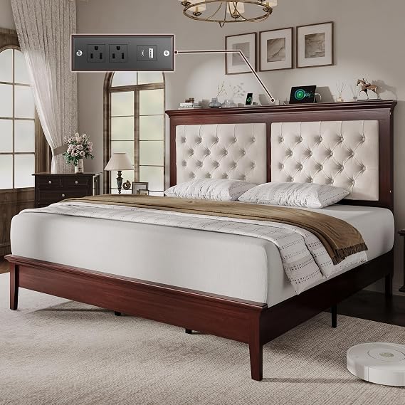 Solid Wood Upholstered Bed Frame with LED & Charging Station