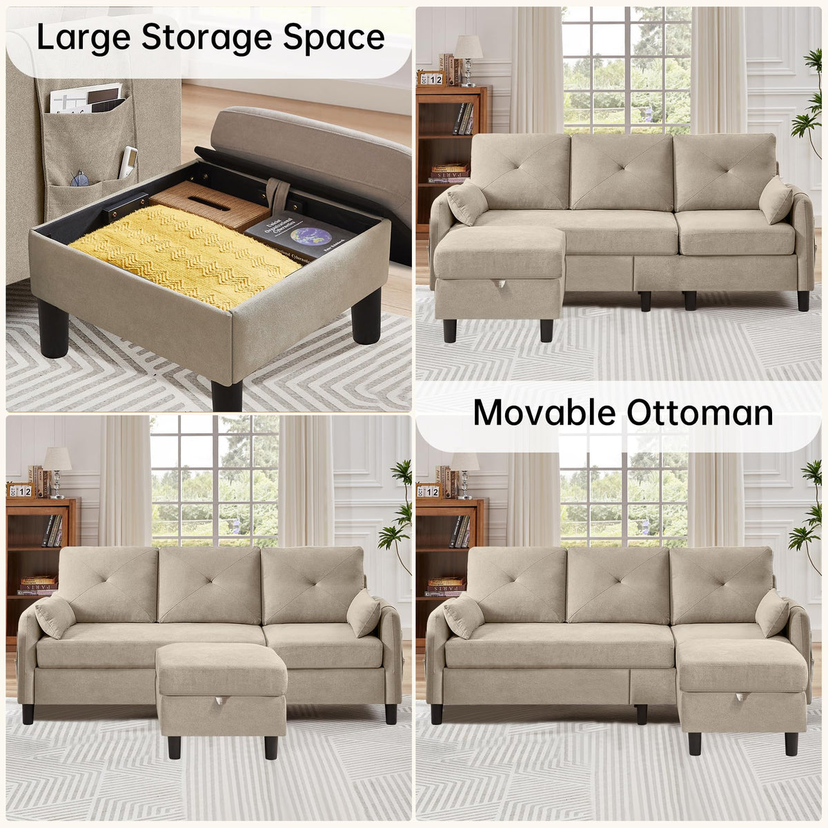 L-Shaped Sofa Set with Storage Ottoman