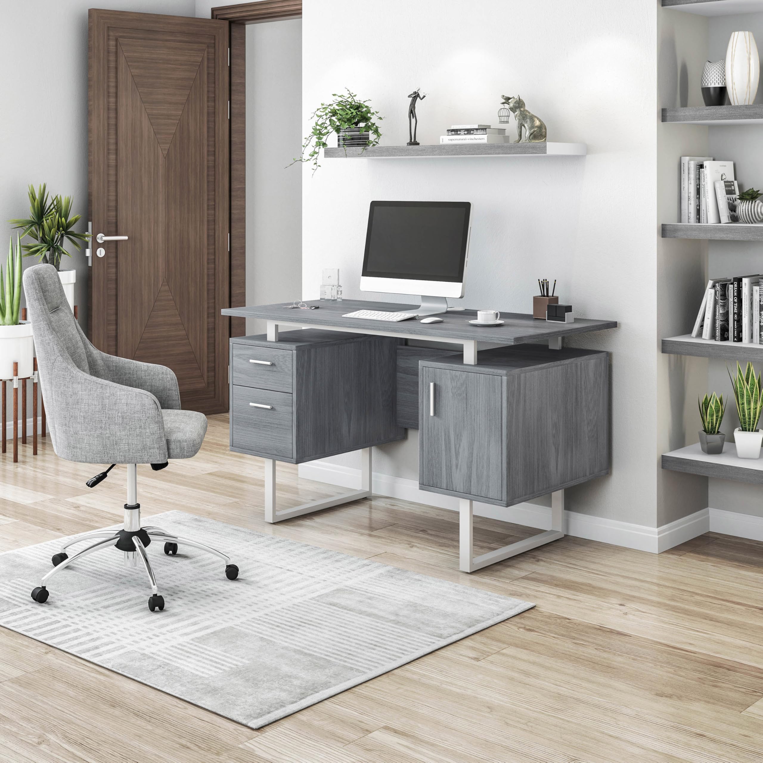 Modern Office Desk with Storage Drawers & File Cabinet