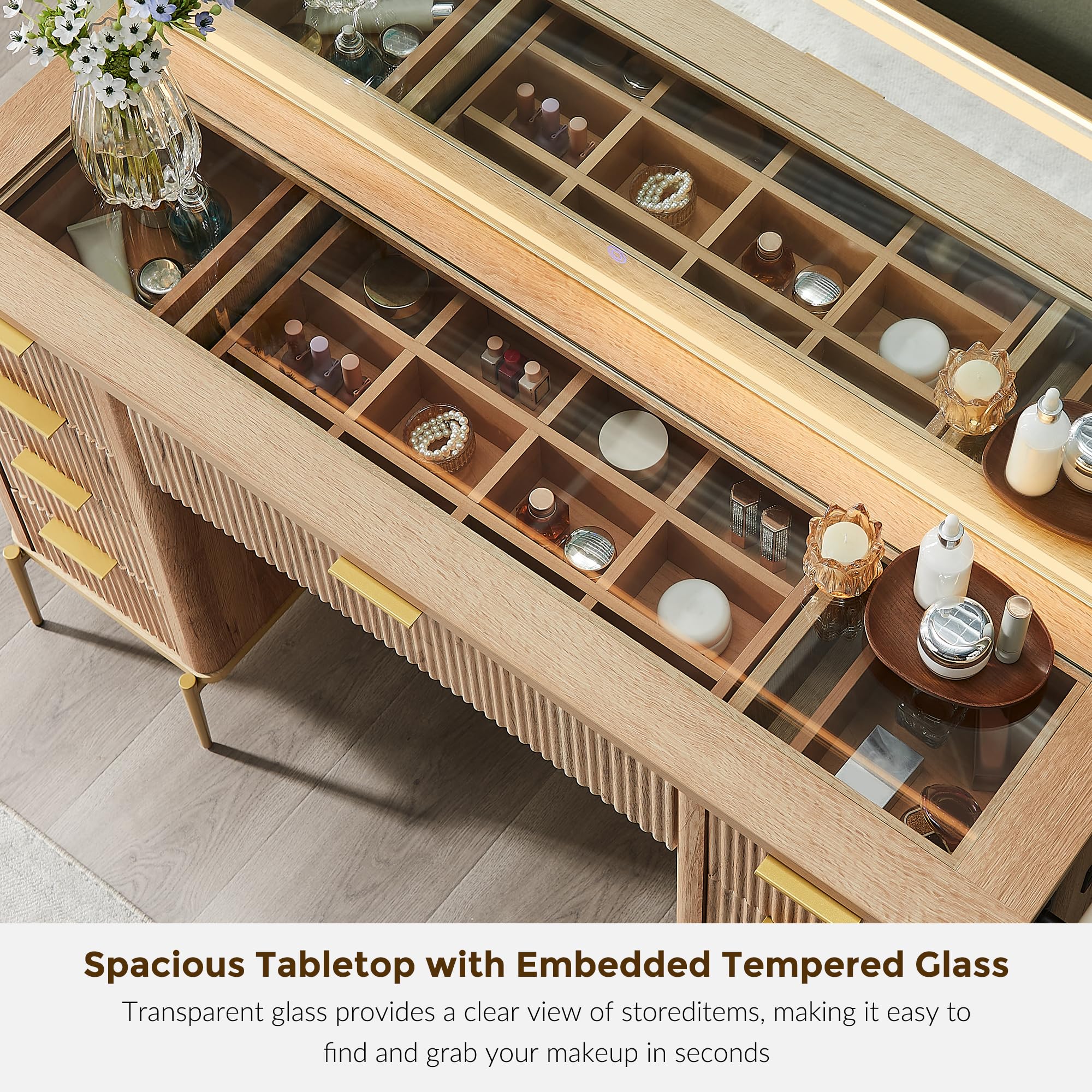 T4TREAM 48" Fluted Makeup Vanity Desk with 48" Large Mirror and HD Lights, Modern Vanity Table with 9 Drawers & Charging Station, Glass Top and Golden Handles Dressing Table for Bedroom,Natural Oak
