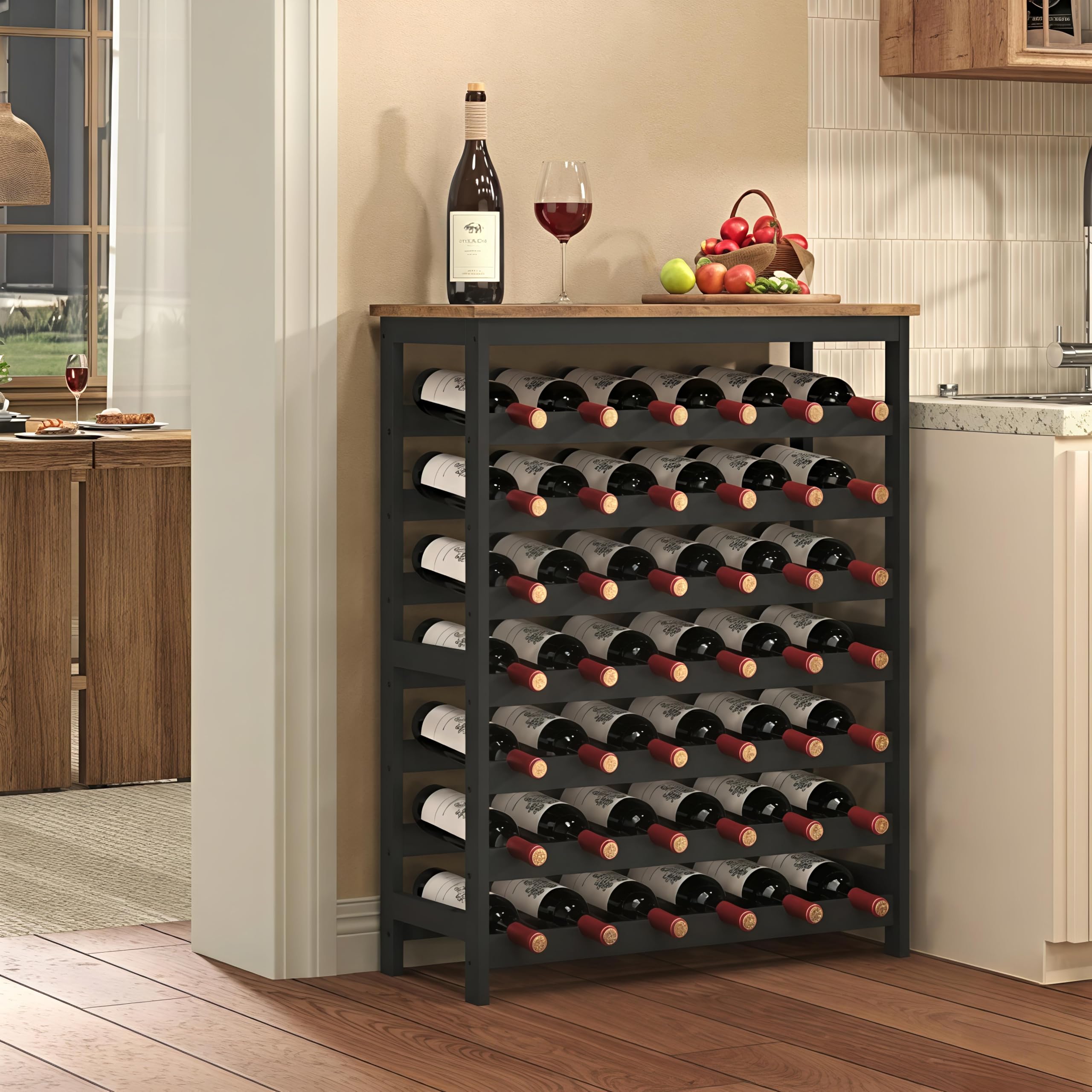 Cabonpanel 42 Bottles Bamboo Wine Rack Freestanding Floor, 7-Tier Wine Storage Shelf with Table Top, Wine Display Holder for Kitchen Pantry Bar Cellar, Rustic Brown and Black