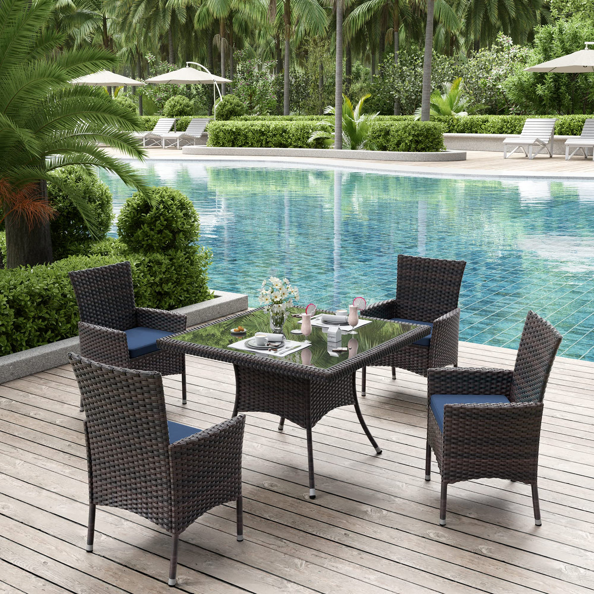 ALAULM 5 Piece Patio Dining Set All-Weather Wicker Outdoor Furniture Set w/Tempered Glass Tabletop, Removable Cushions and Umbrella Hole for Patio, Backyard, Garden, Poolside（Navy）