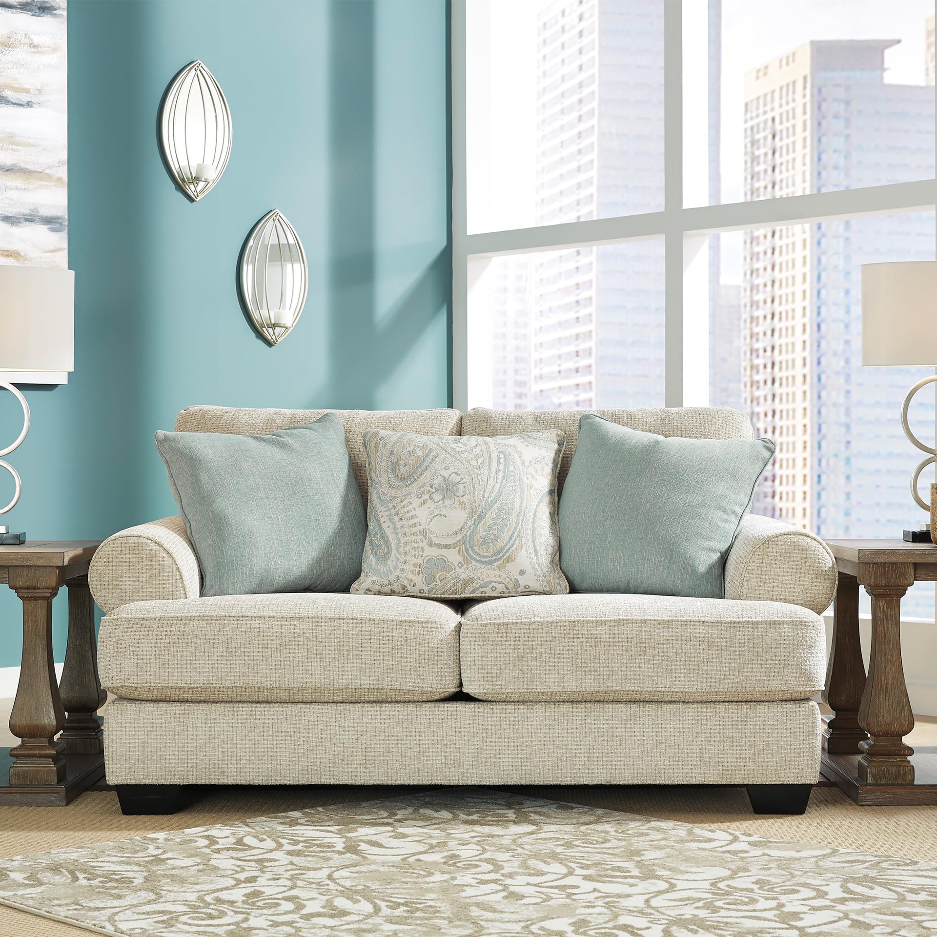 Chenille Loveseat with Rolled Arms, Reversible Cushions & Accent Pillows