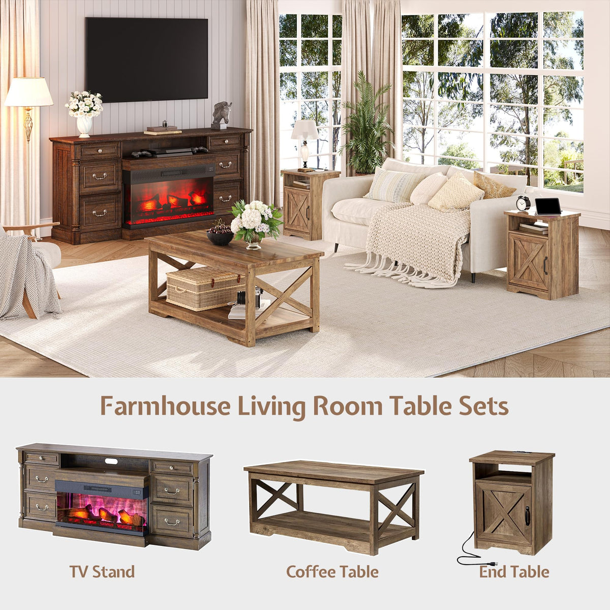 LUXOAK 3 Piece Living Room Table Set with Barn Door, Barnwood