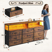 Romorgniz 55" W Dresser for Bedroom with 9 Drawers, LED TV Stand with Power Outlets for 45, 55, 65 Inch TV, Sturdy Long Chest of Drawers with Extra 2 Wooden Shelves, Rustic Brown