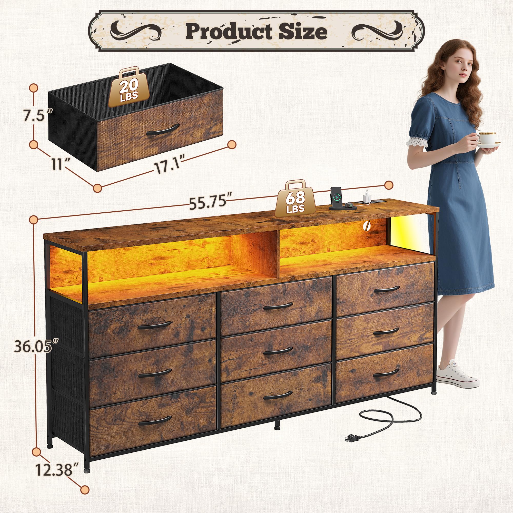 Romorgniz 55" W Dresser for Bedroom with 9 Drawers, LED TV Stand with Power Outlets for 45, 55, 65 Inch TV, Sturdy Long Chest of Drawers with Extra 2 Wooden Shelves, Rustic Brown