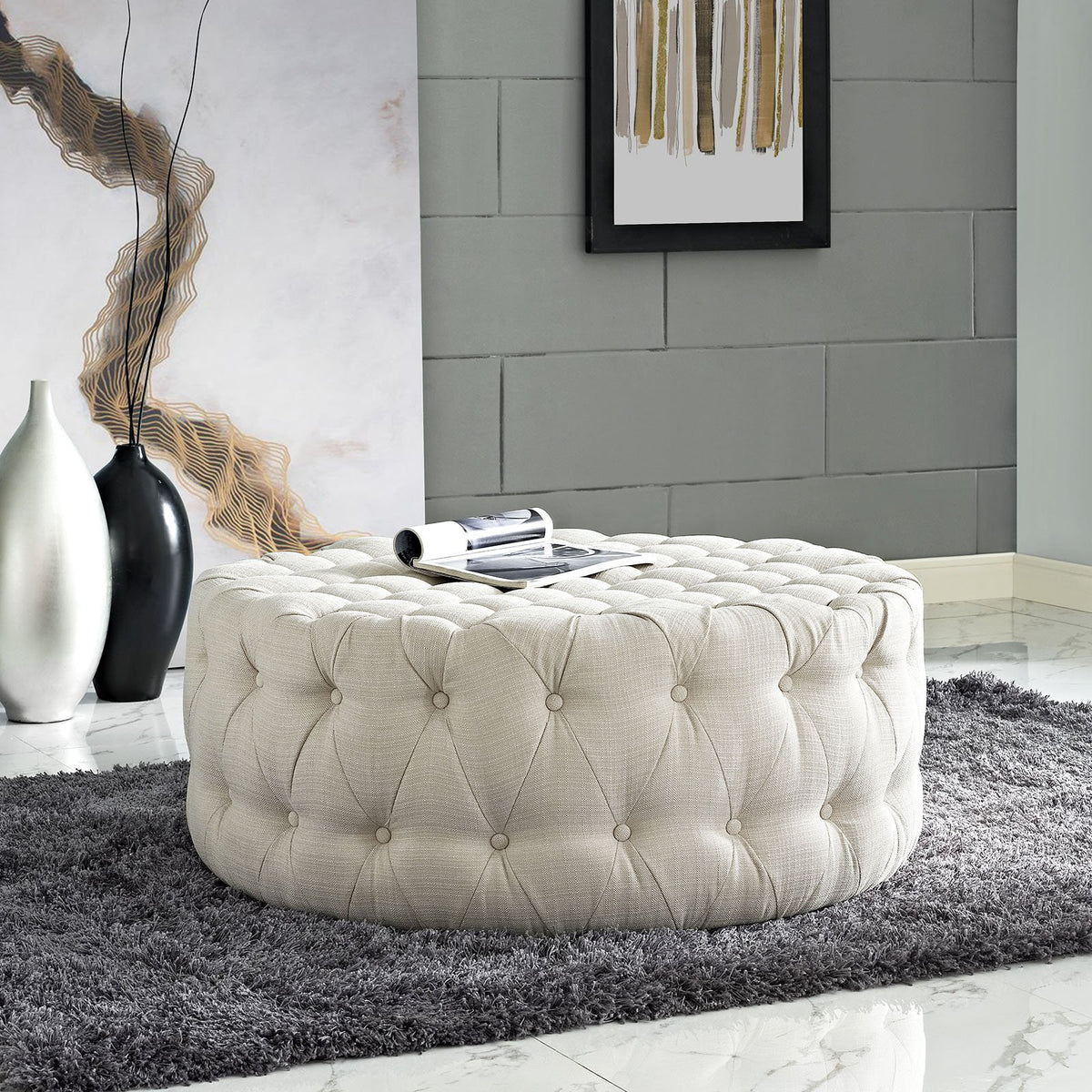 Round Tufted Fabric Ottoman