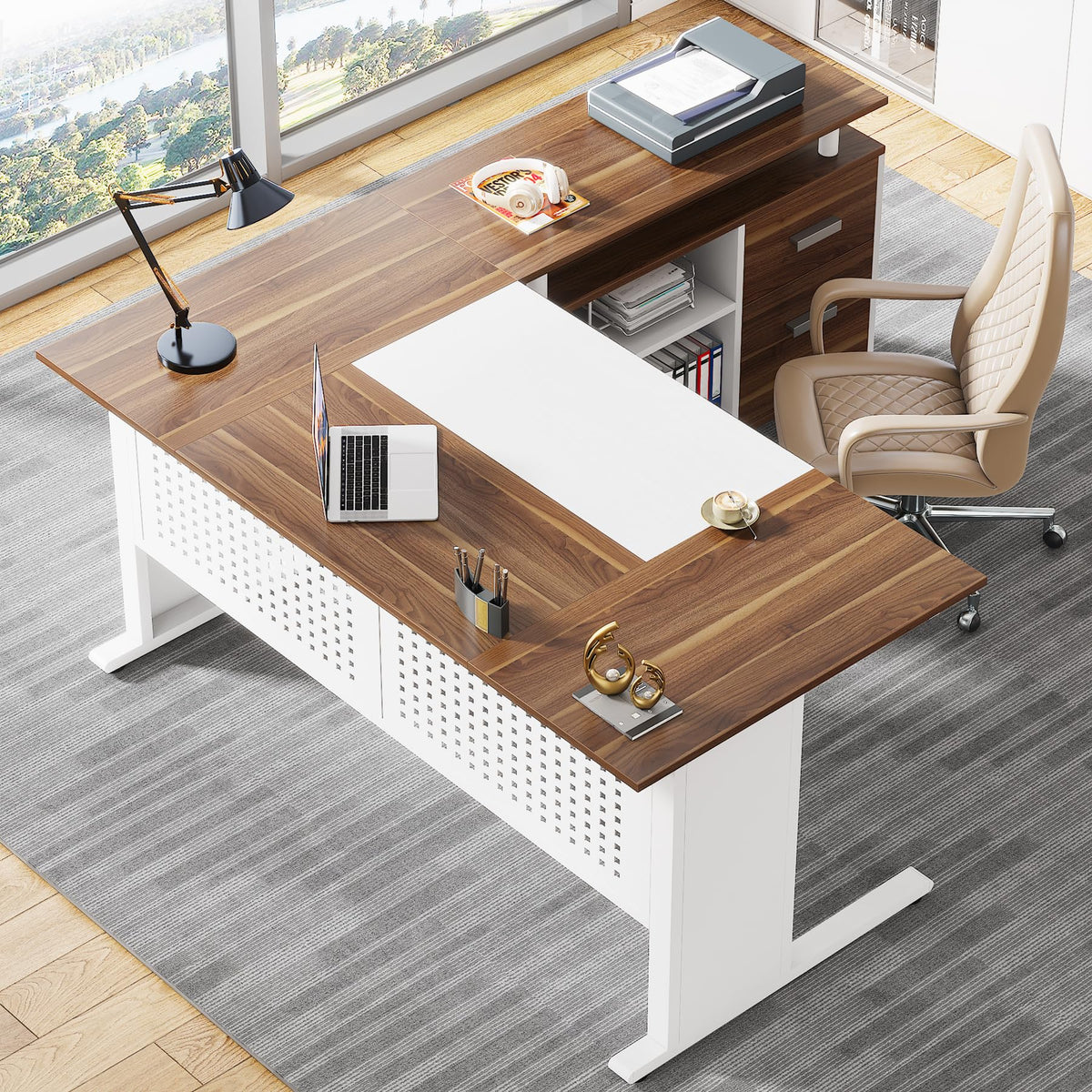 L-Shaped Executive Desk with Storage