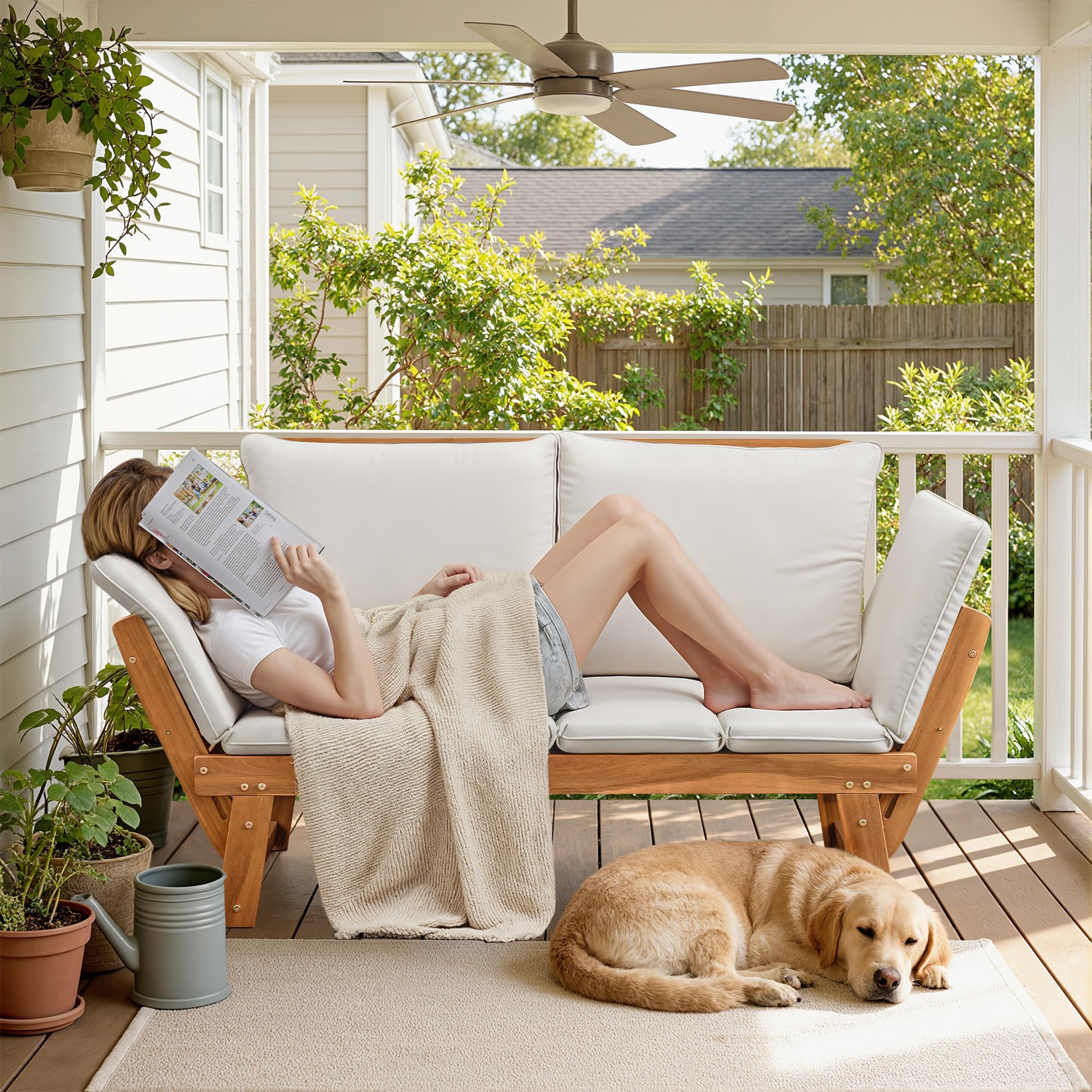 Acacia Wood Outdoor Loveseat with Adjustable Armrests
