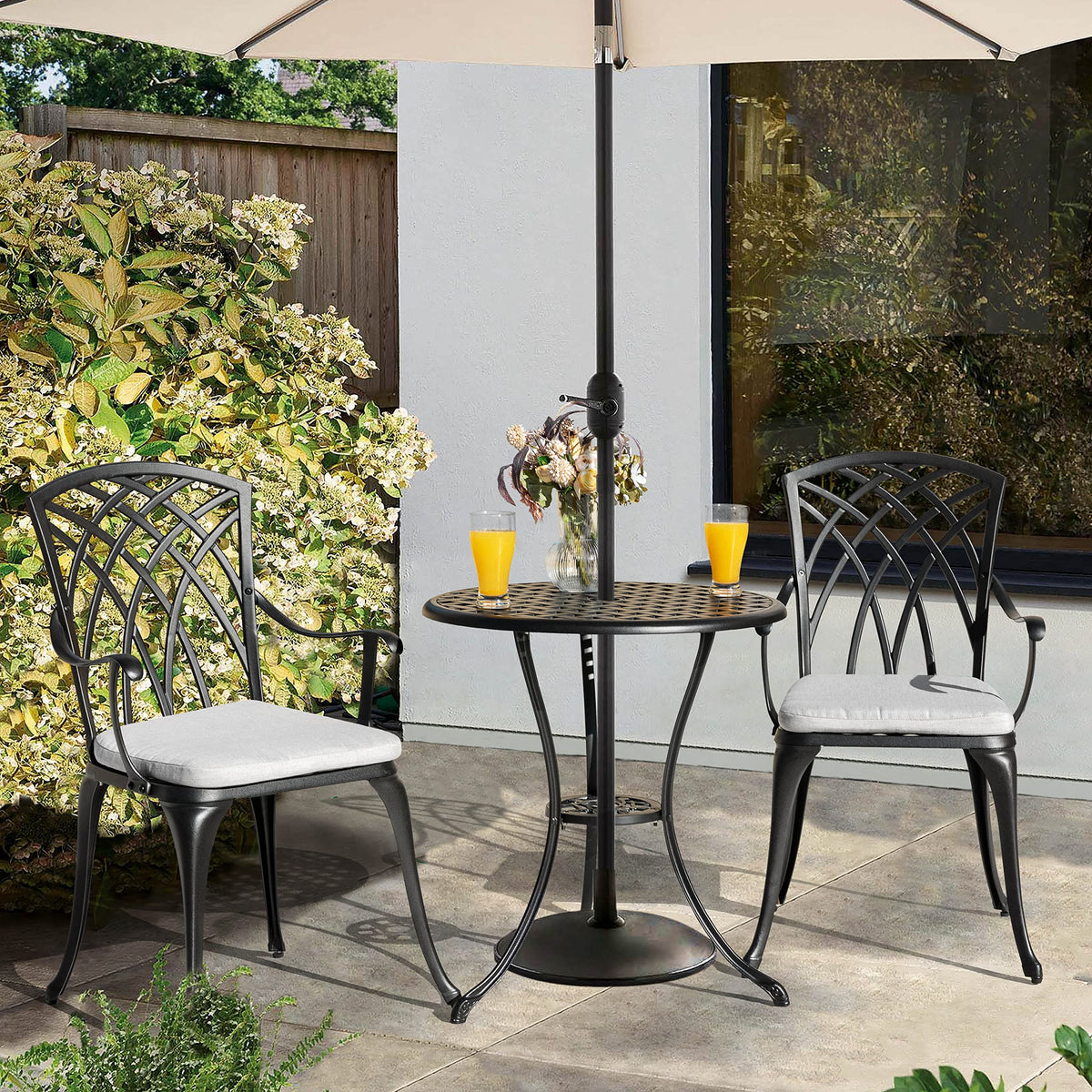 NUU GARDEN Outddor 3 Piece Bistro Set, Cast Aluminum Patio Furniture with Umbrella Hole and Grey Cushions for Patio, Garden, Balcony, Black