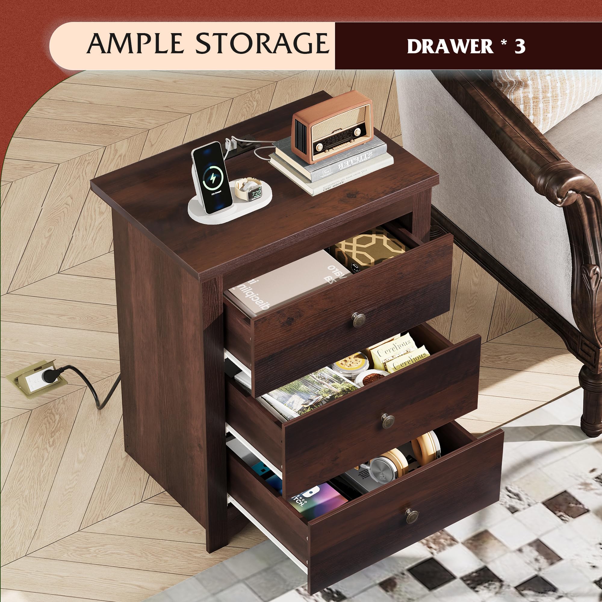 Tall Nightstand with Charging Station & 3 Drawers