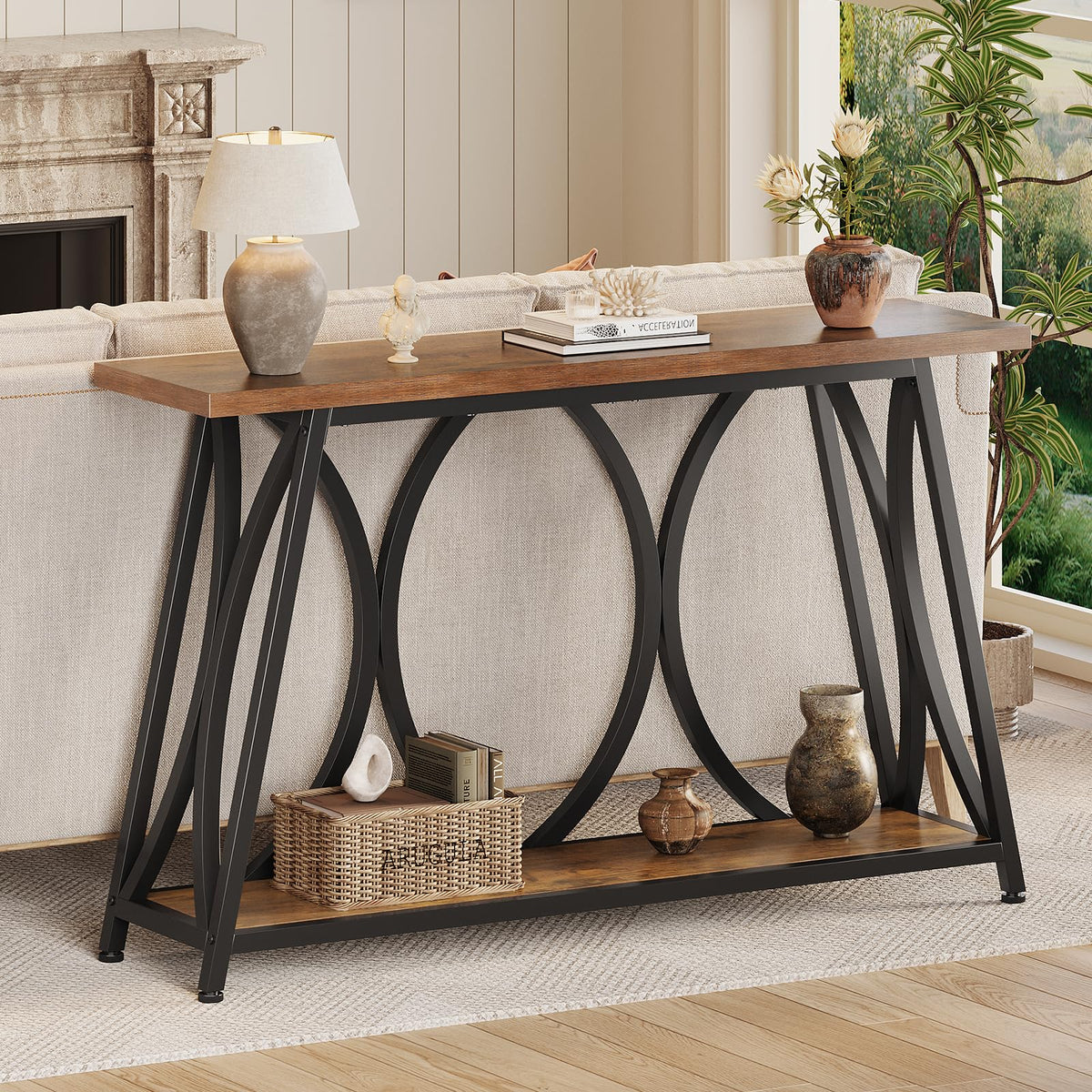 GiftGo 47.24" Entryway Console Table, Industrial Sofa Table Behind Couch with Shelves, 2 Tier Narrow Wood Accent Table with Metal Frame for Living Room, Entrance, Hallway, Foyer, Rustic Brown