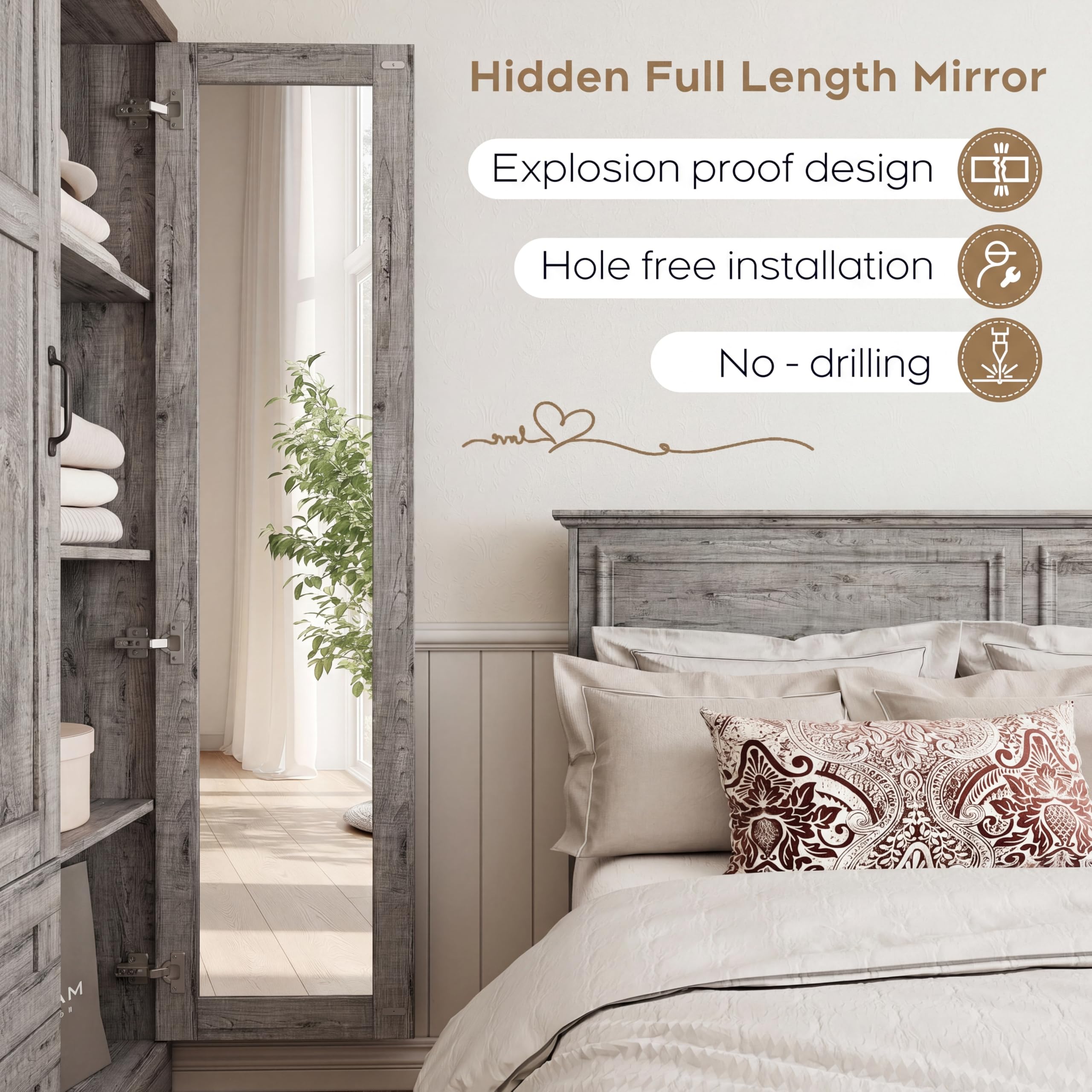 XIAO WEI Armoire Wardrobe Closet with 3 Door, Bedroom Wooden Armoires with Full Length Mirror, Large Clothing Storage Cabinet 2 Drawers, Hanging Rod, Shelves (Gray, 3 Door)