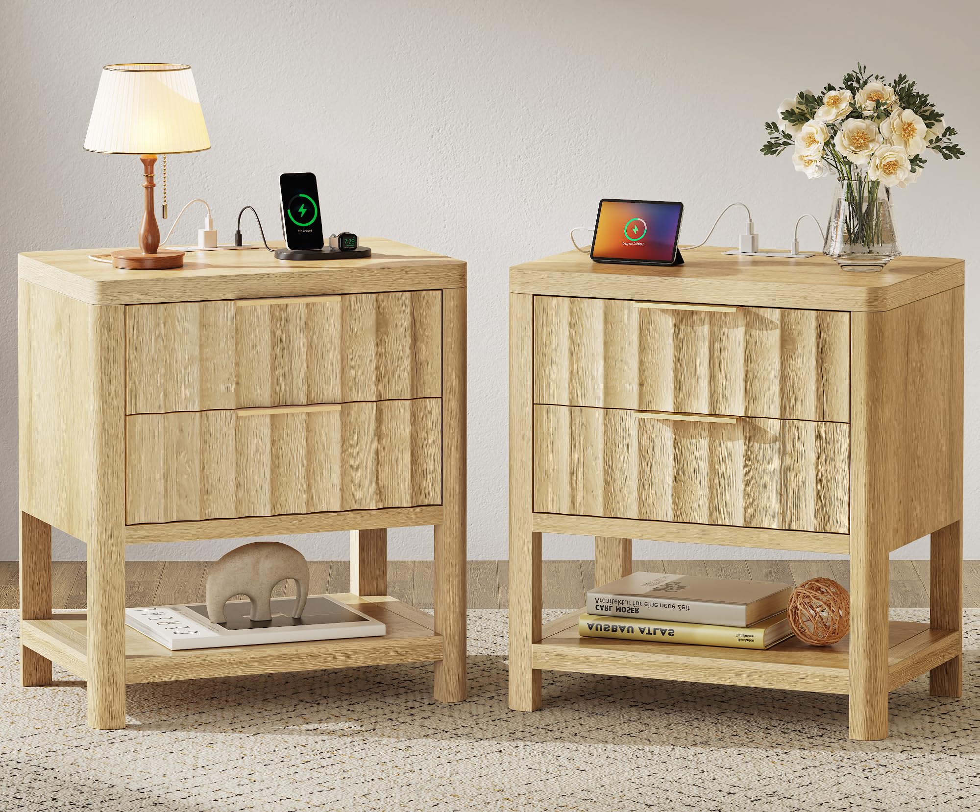 Tall Nightstand with Charging Station & 2 Drawers