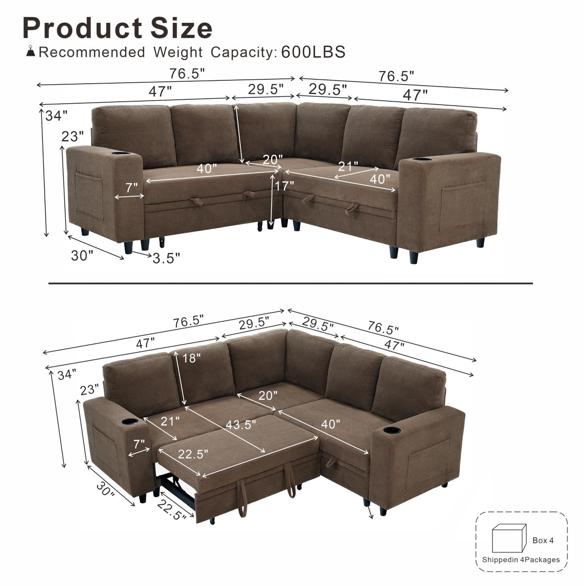 L Shaped Sectional Sleeper Sofa with Pull Out Bed and Storage, Coffee