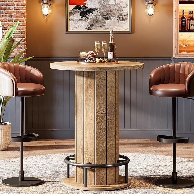 Farmhouse Round Bar Table with Metal Ring Footrest