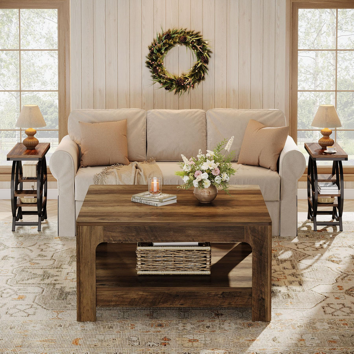 Tribesigns Square Coffee Table with Storage, 39.4-Inch Large Farmhouse Wooden Center Tea Accent Table for Living Room, Rustic Brown