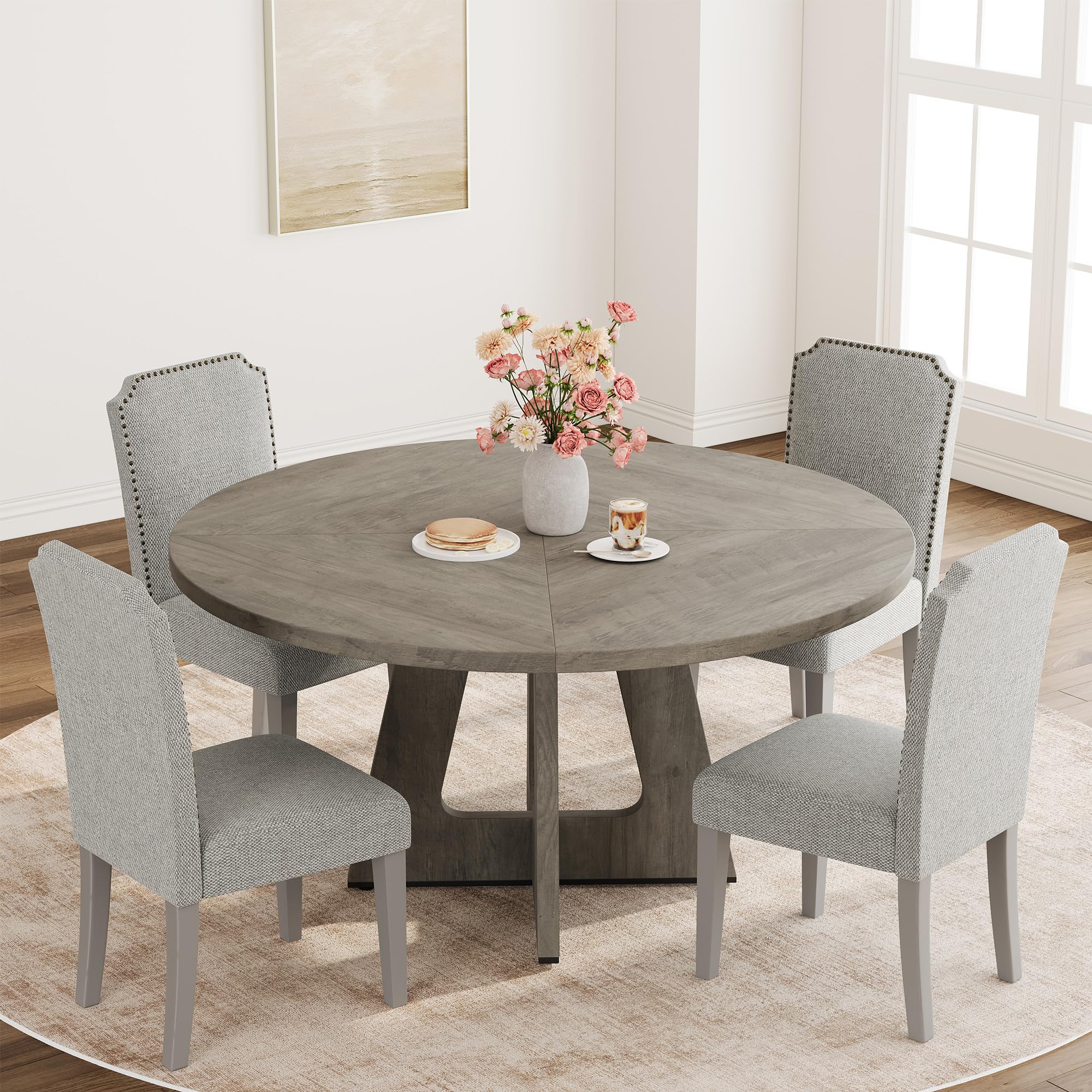 Garvee 47" Round Dining Table for 4 to 6, Farmhouse Kitchen Table with Cross Pedestal Base, 63 Lbs Circle Dinner Table, Not Easy to Slide - Grey (No Chairs)