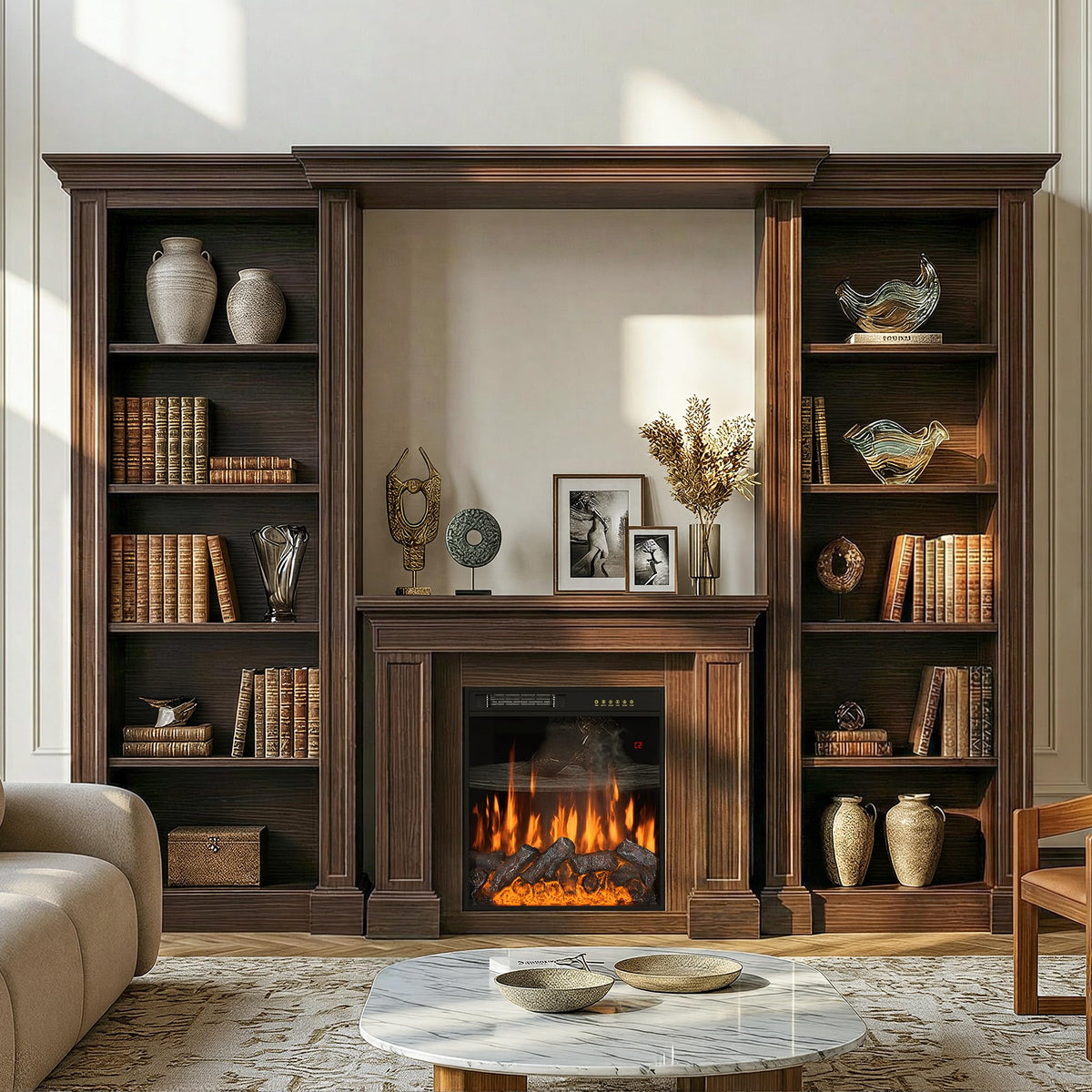 Homsee 112.6" Large Bookcase with 1500/750W Electric Fireplace Insert, Entertainment Center Wall Unit with Storage, 5-Tier Tall Display Cabinet Bookshelves and Bookcases for Living Room, Brown Grain