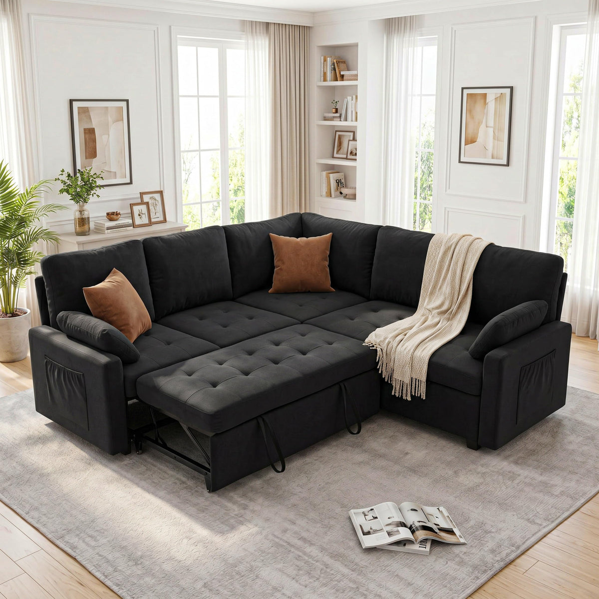 Huatean Home 82" Pull Out Couch with Storage, Sleeper Sofa, 5 Seat L Shaped Sectional Couches for Living Room, Modular Sectional Couch with Removable Covers, Black