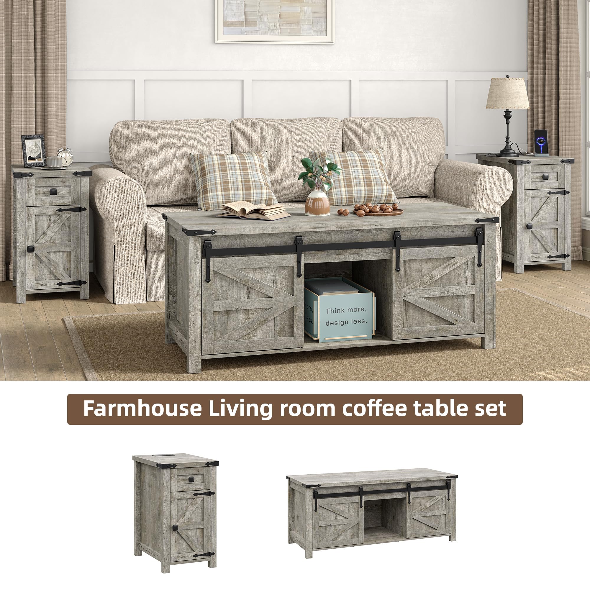 3-Piece Coffee & End Table Set with Charging Station, Oak Grey