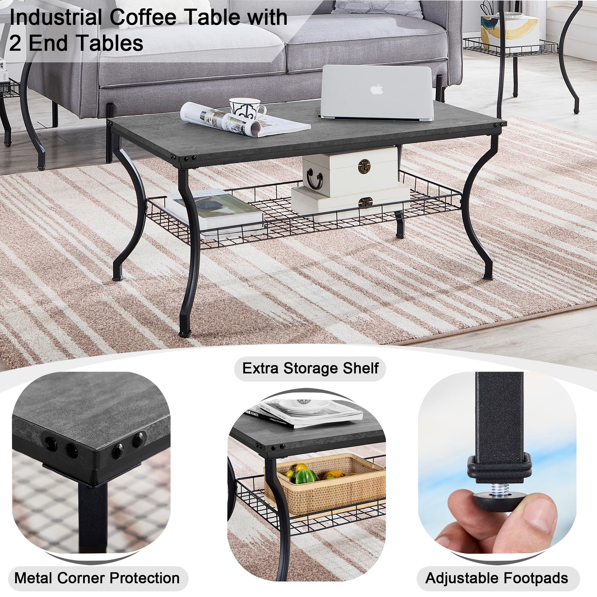 3-Piece Coffee & End Table Set with Storage Shelves