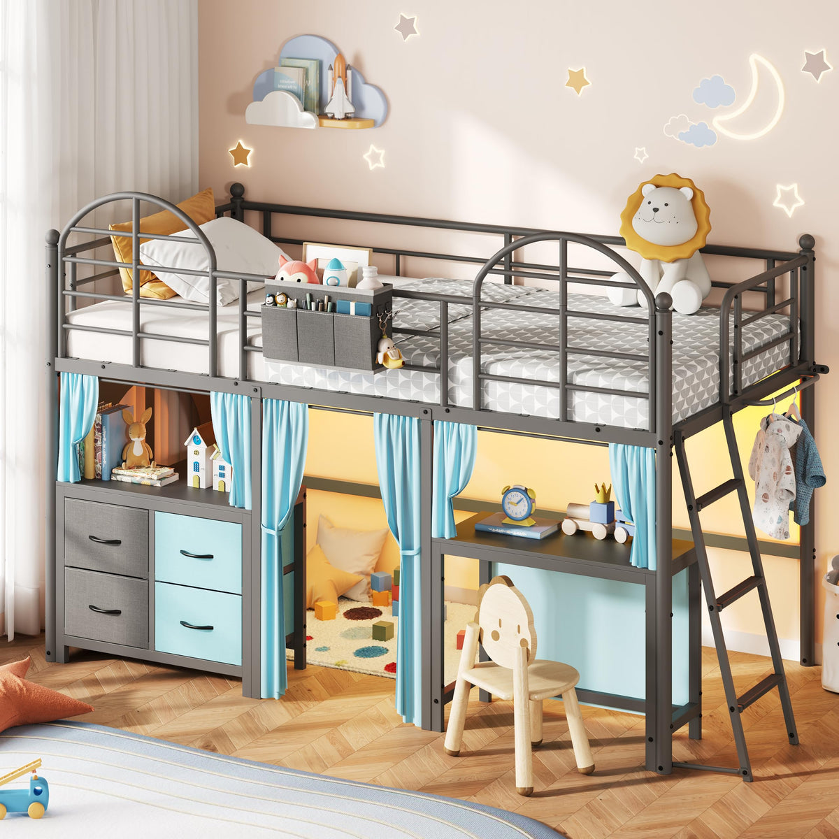 Twin Low Loft Bed with Desk & Storage