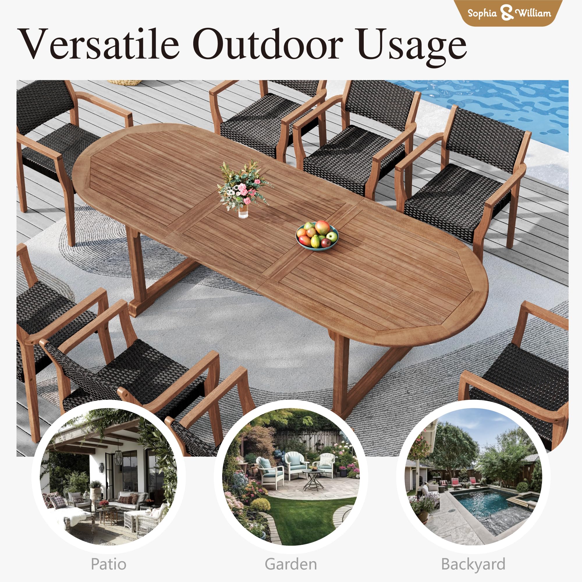 Sophia & William Patio Outdoor Table and Chairs Set, Patio Dining Sets for 8, 9 Pieces Patio Table Set Acacia Wood Table Expandable and Rattan Chairs for Backyard Deck Porch Outside