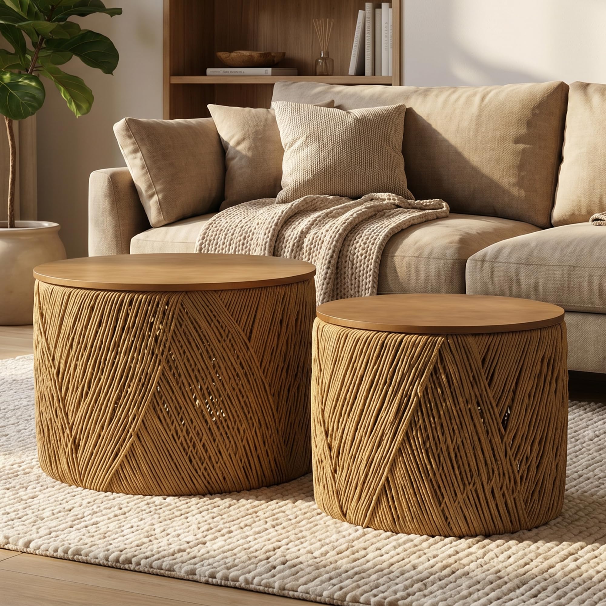 Round Nesting Coffee Table Set with Rattan Storage