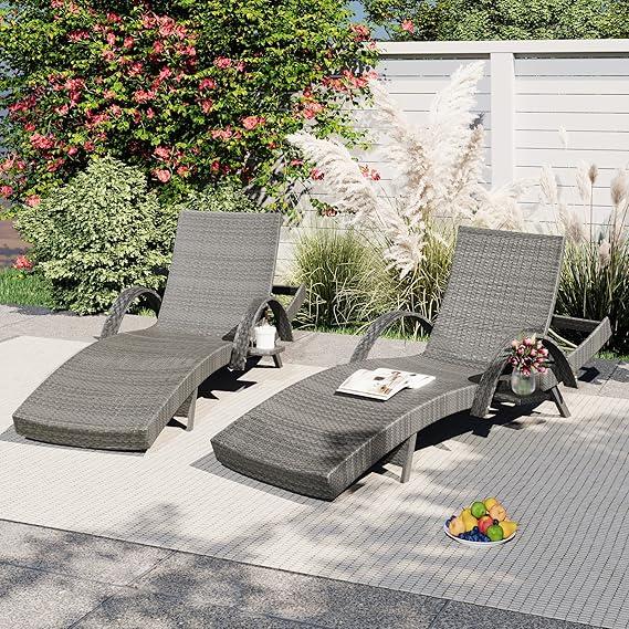 Outdoor Reclining Chaise Lounge Set of 2 with Pull-Out Side Table