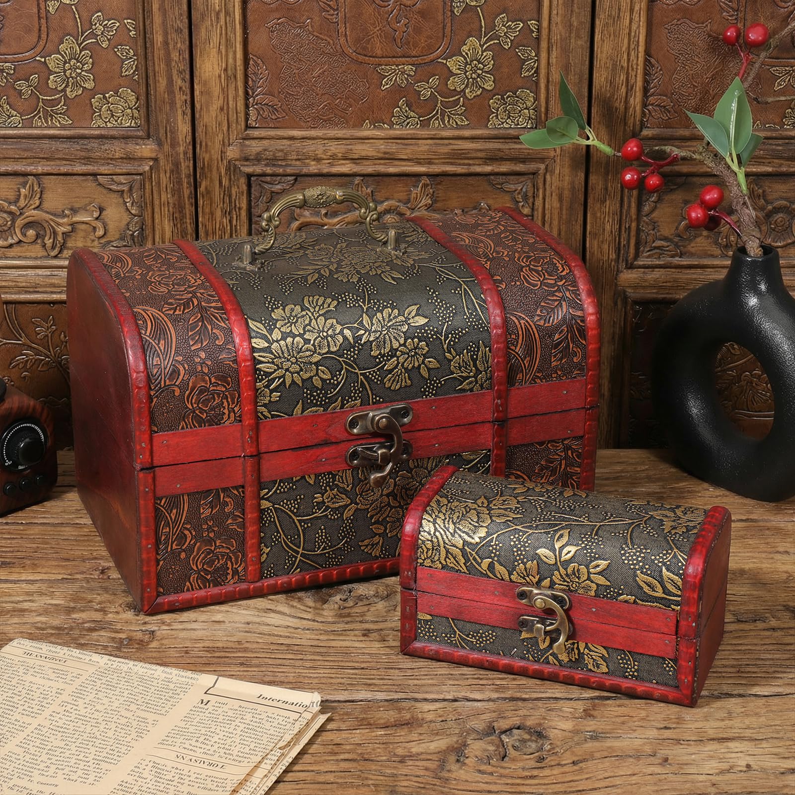 Vintage Wooden Treasure Chest Storage Box Set of 2
