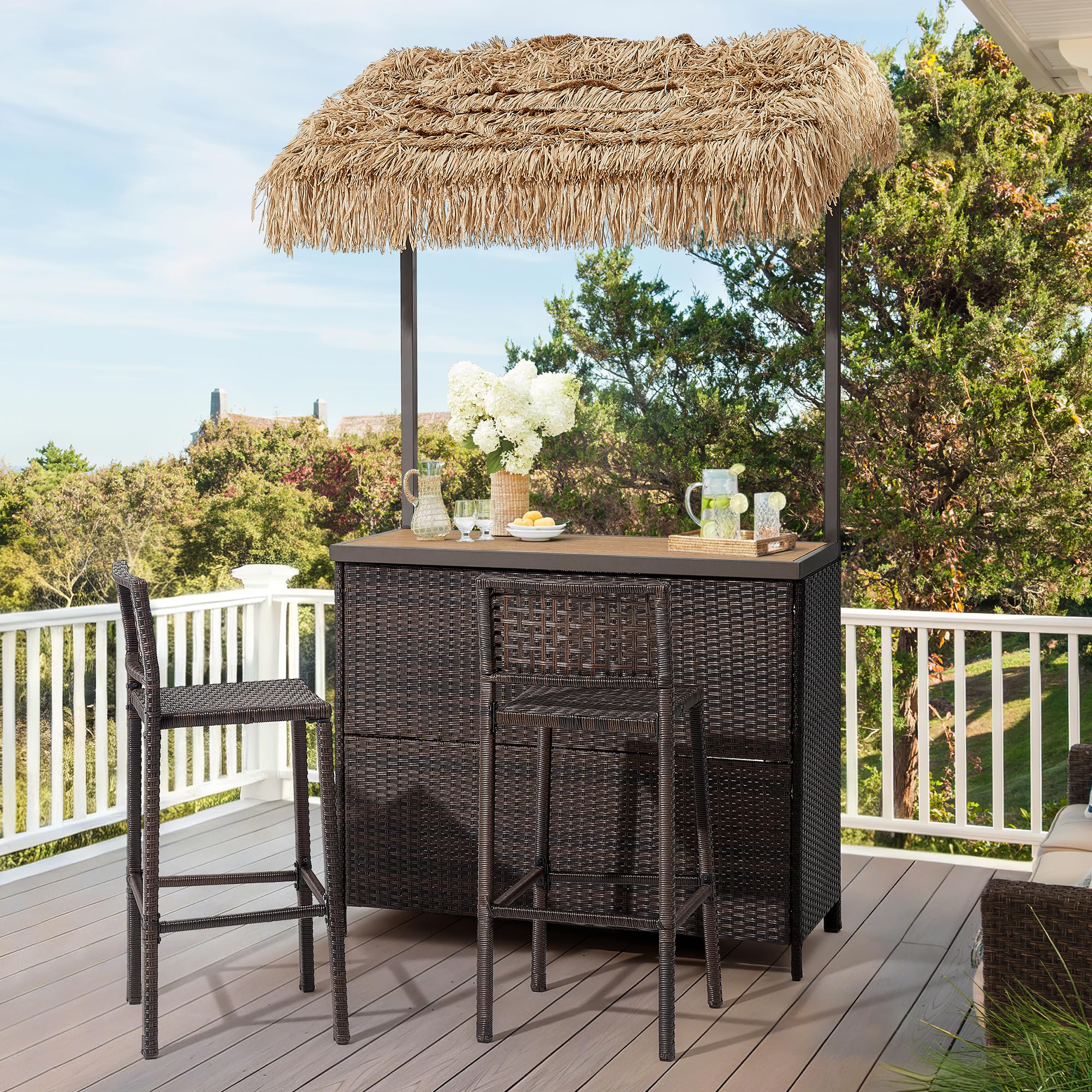 Mvpipi Outdoor Tiki Bar Set, 3 Pieces All-Weather Wicker Patio Bar Set with 2 Height Stools and Storage, Outdoor Bar Set for Outside Patio, Garden, Backyard,Brown